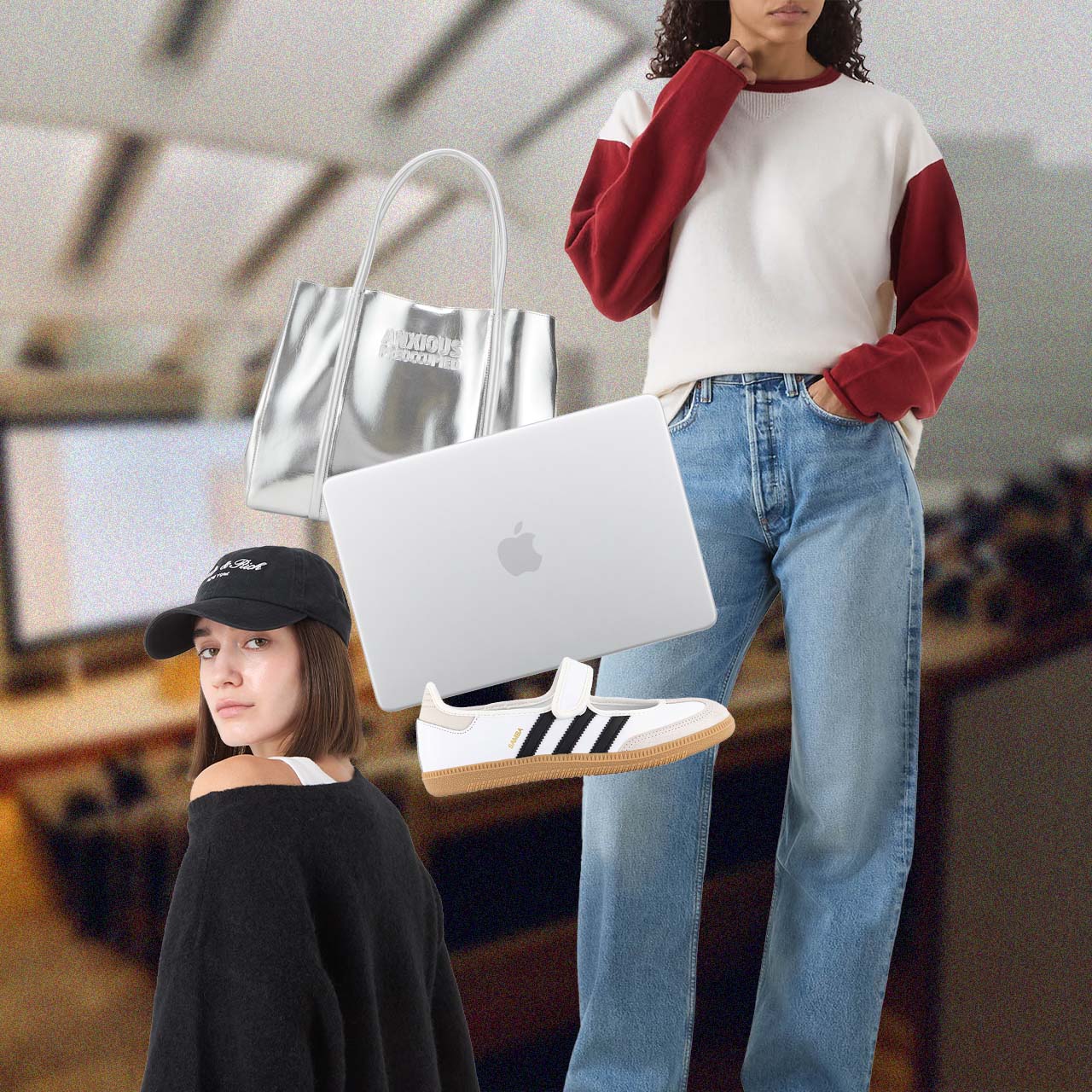 A woman in casual attire with a laptop, sneakers, and silver tote bag overlaid on an abstract background.