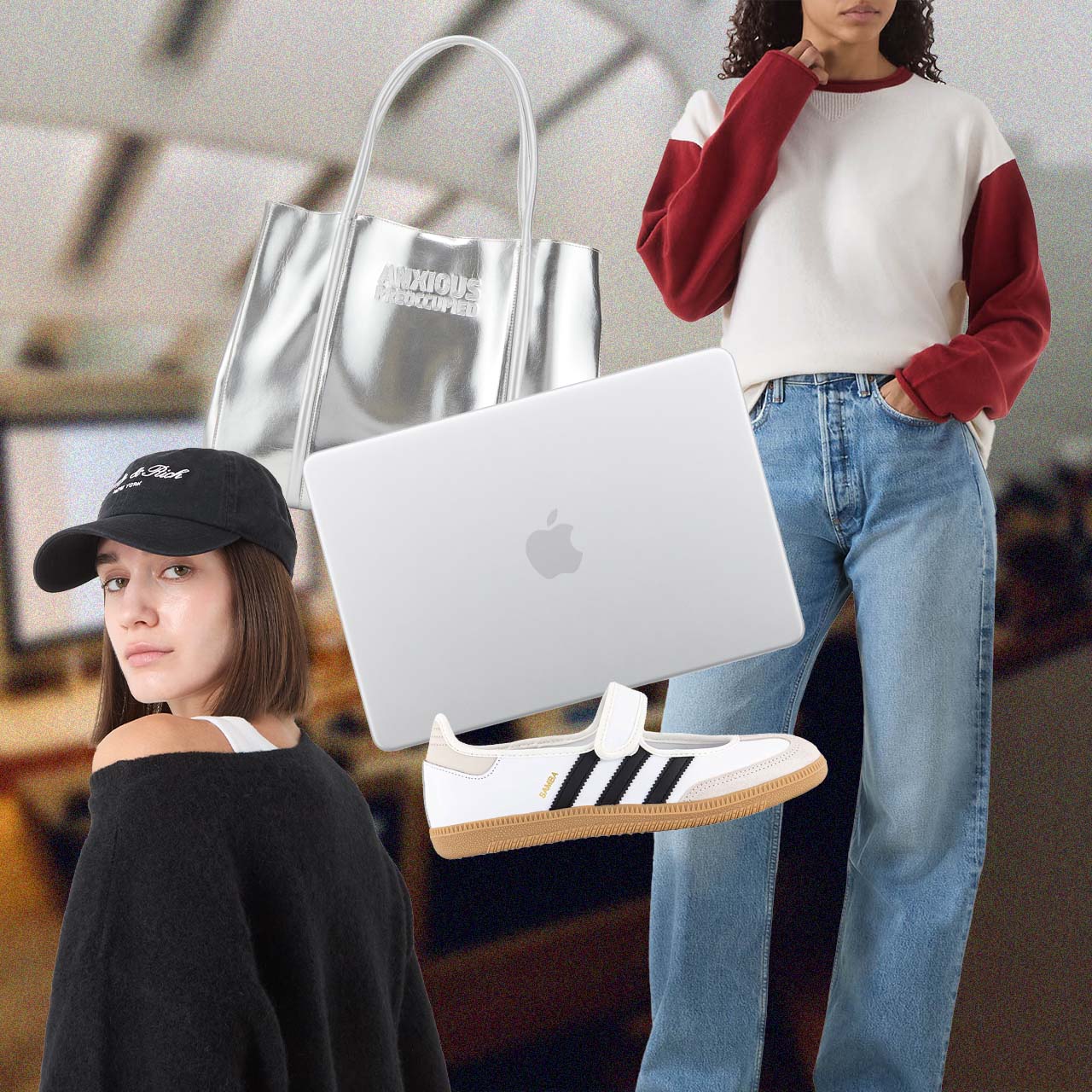 Student wearing baggy denim, red and white colour-block sweatshirt, black cap, white trainers, holding laptop and silver tote bag