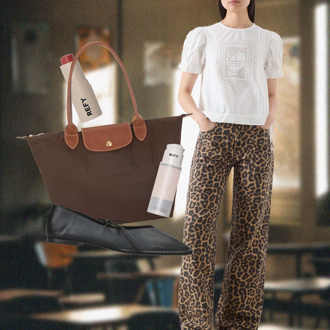 Woman wearing white embroidered top, leopard print trousers, black ballet flats, holding brown and tan tote bag with cosmetics and water bottle