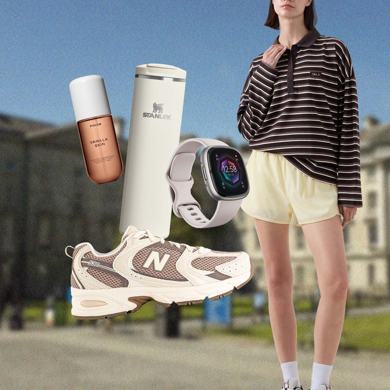 Woman in black striped jumper and pale yellow shorts with white trainers, smartwatch, skincare, thermos flask and sports drink displayed