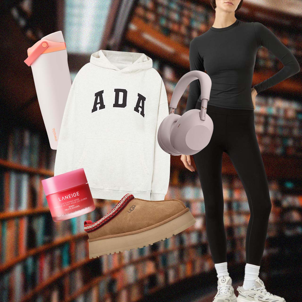 A collage featuring a person in athletic wear, a white hoodie, pink headphones, a tumbler, skincare product, and platform shoes, set against a library background.
