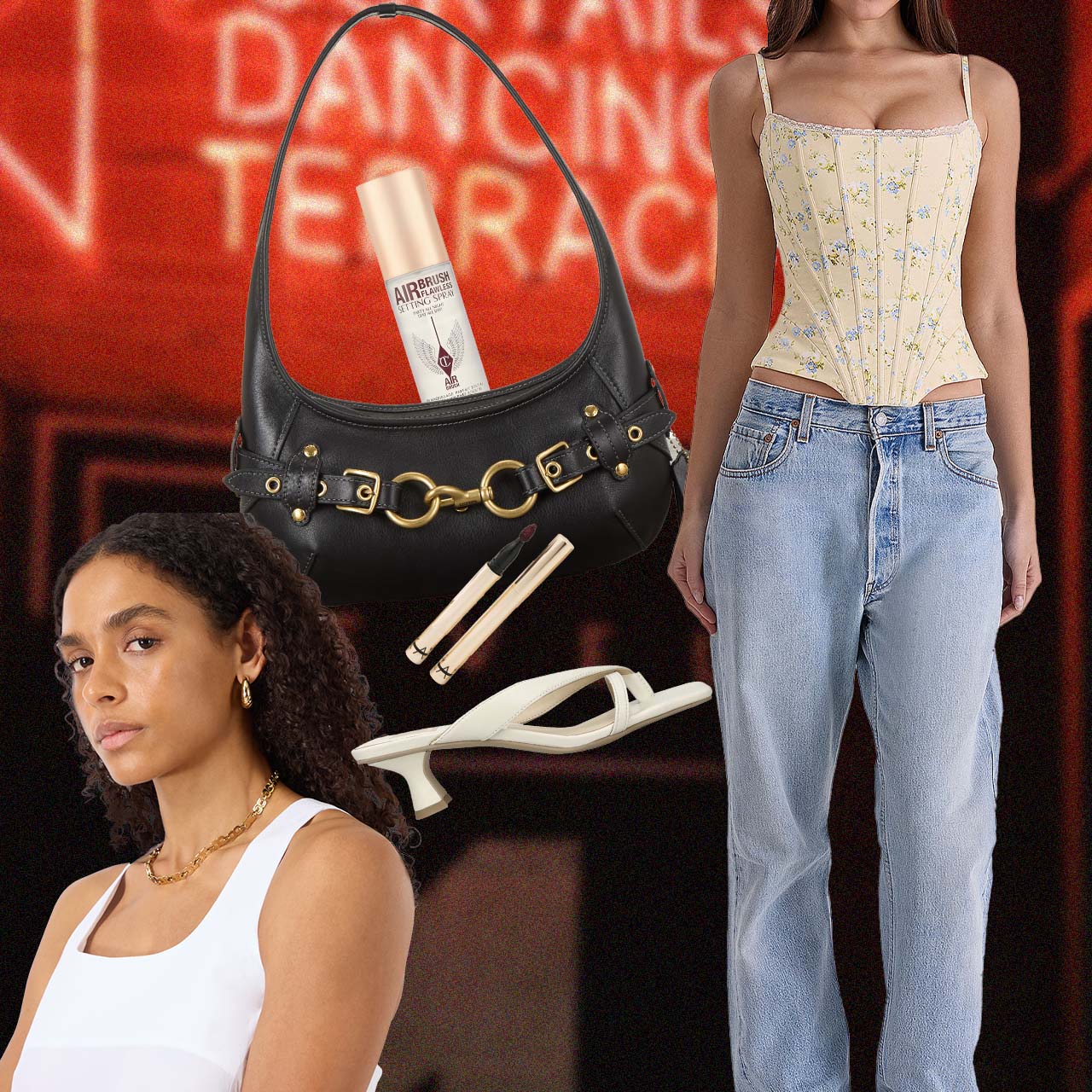 Woman wearing cream corset top with light blue jeans, styled with black shoulder bag, white kitten heels, and beauty products against red neon background