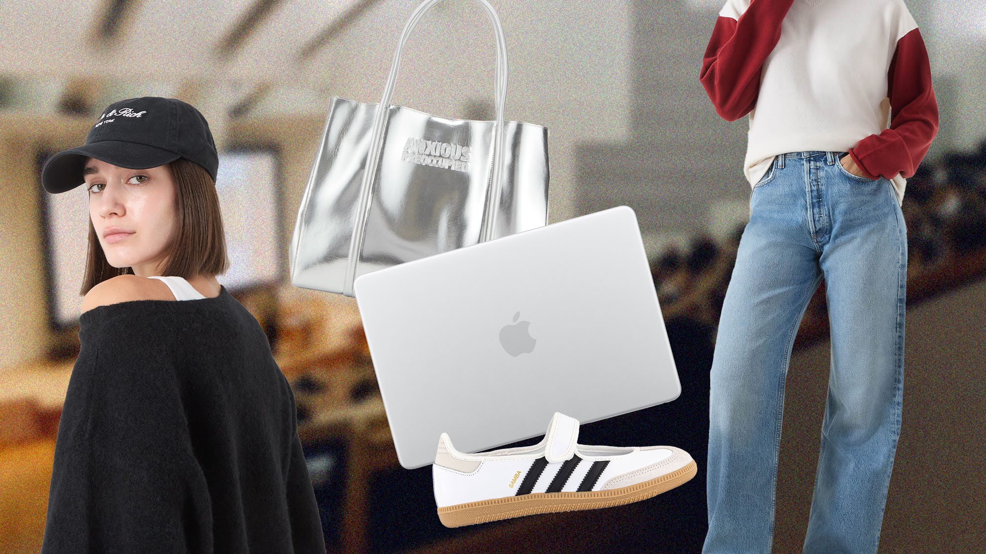 Student wearing baggy denim, red and white colour-block sweatshirt, black cap, white trainers, holding laptop and silver tote bag