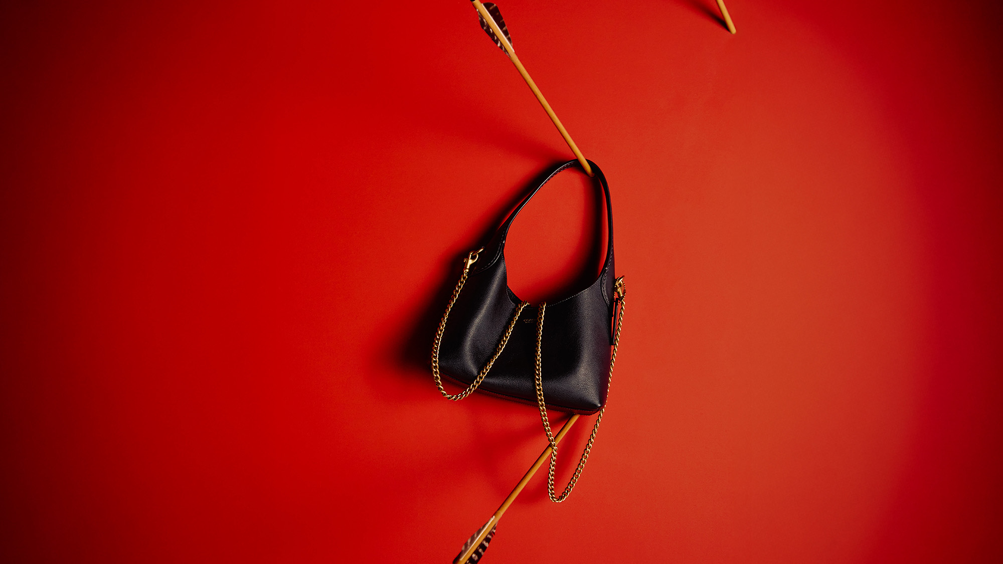 A black handbag with a gold chain hangs on a red wall, pierced by several arrows.