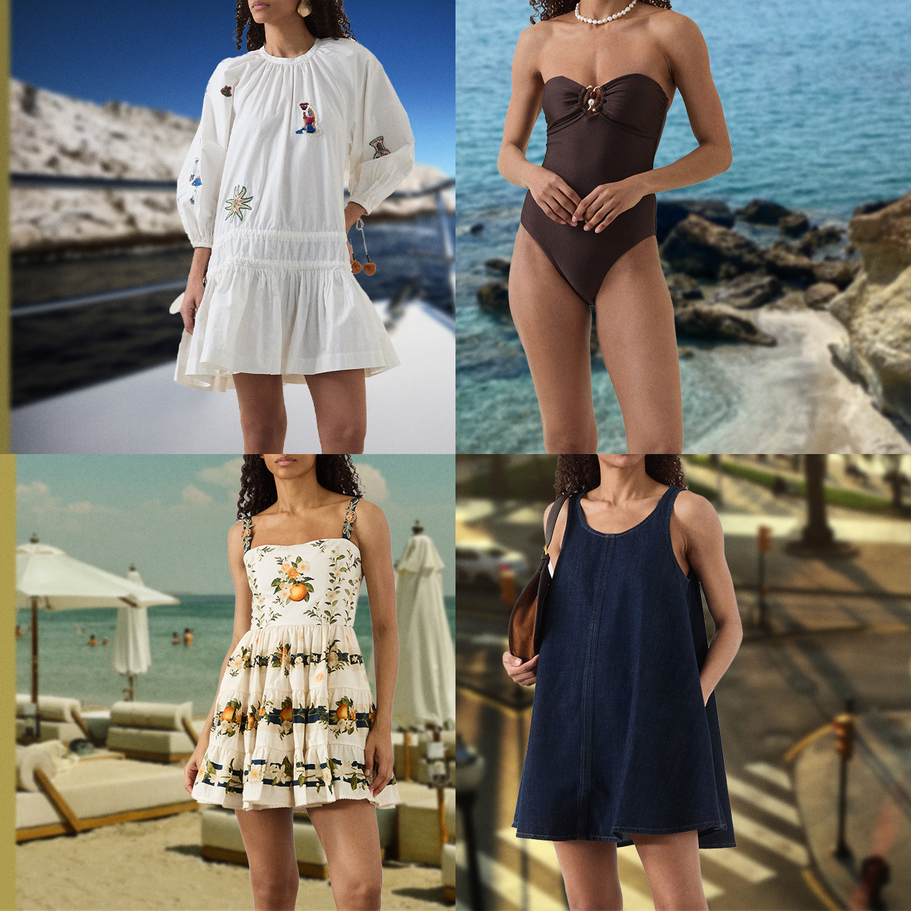 Four women modelling holiday wear: white embroidered dress, brown swimsuit, cream floral dress, and navy linen dress, set against Mediterranean coastal backdrops.
