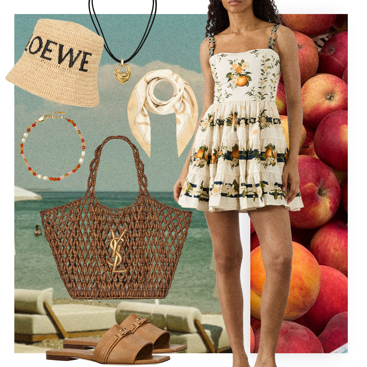 Woman wearing tropical print tiered dress with straw hat, woven basket bag, beaded bracelets, and leather sandals against turquoise seaside backdrop