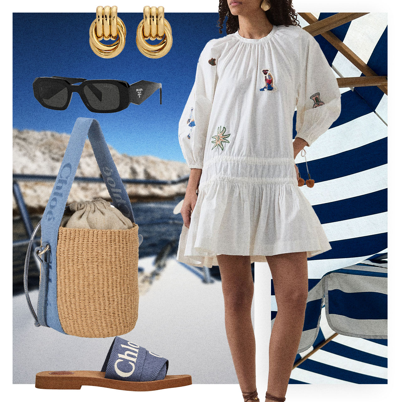 Woman wearing a white dress and accessories, including gold earrings, sunglasses, a woven bag, and sandals, against a sea and beach backdrop.