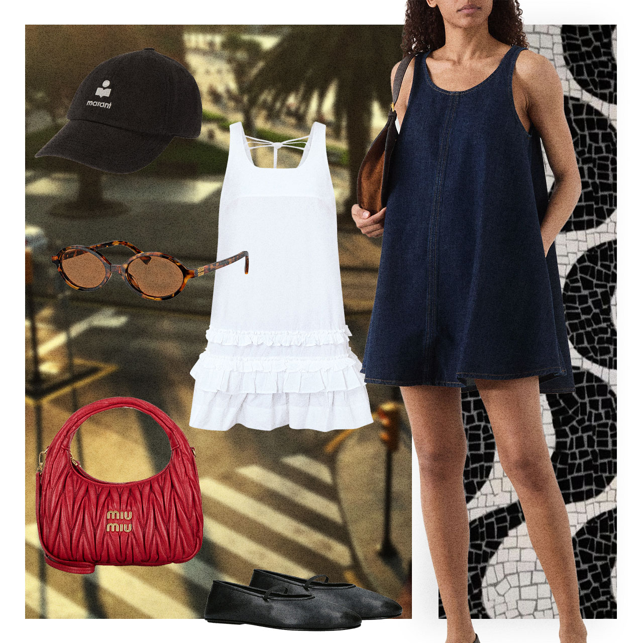 Woman in navy sleeveless denim dress with red quilted shoulder bag, tortoiseshell sunglasses, black cap, and leather loafers in urban setting