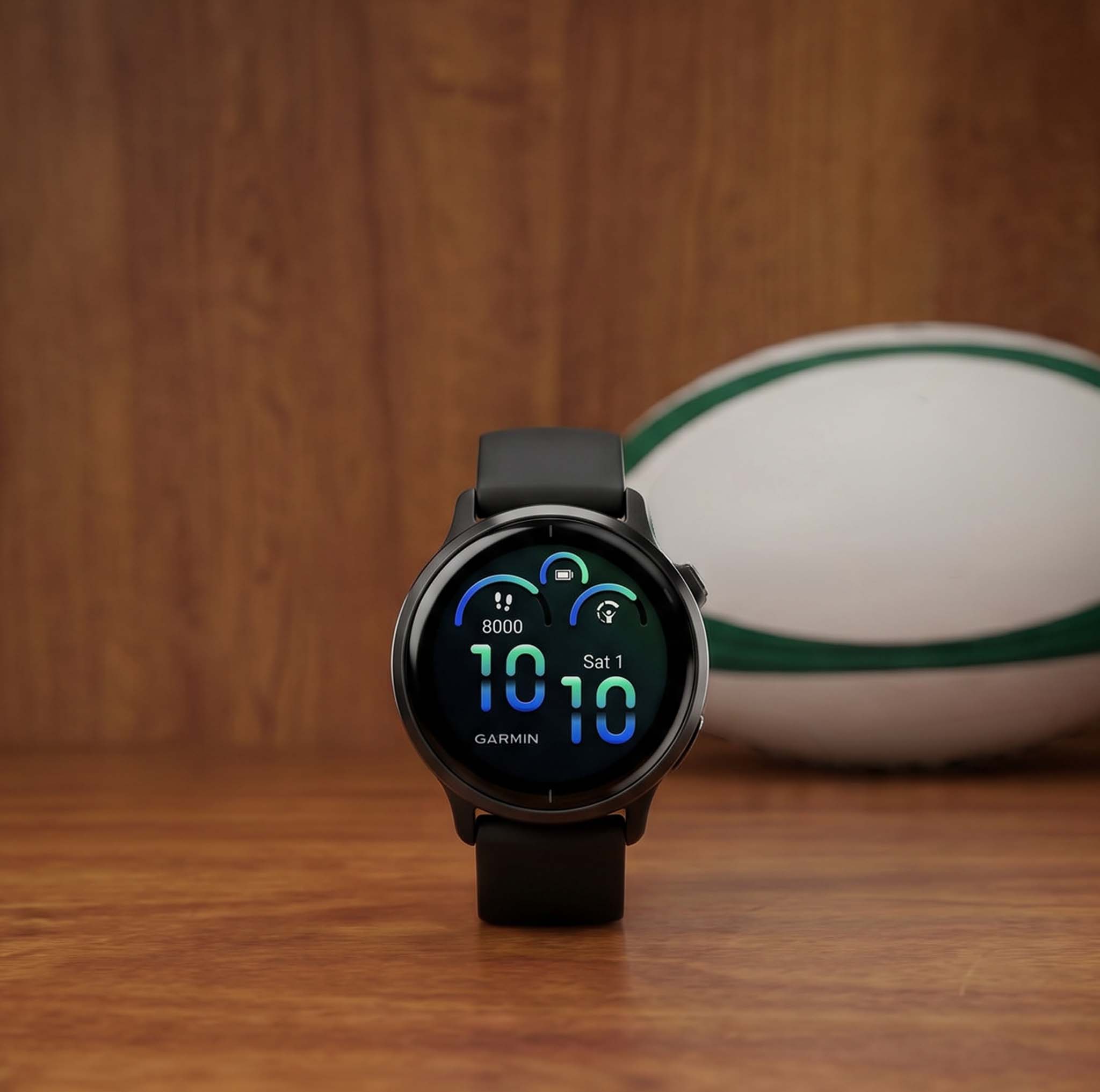 Garmin smartwatch with black band and digital display showing time and fitness metrics, styled with sports equipment