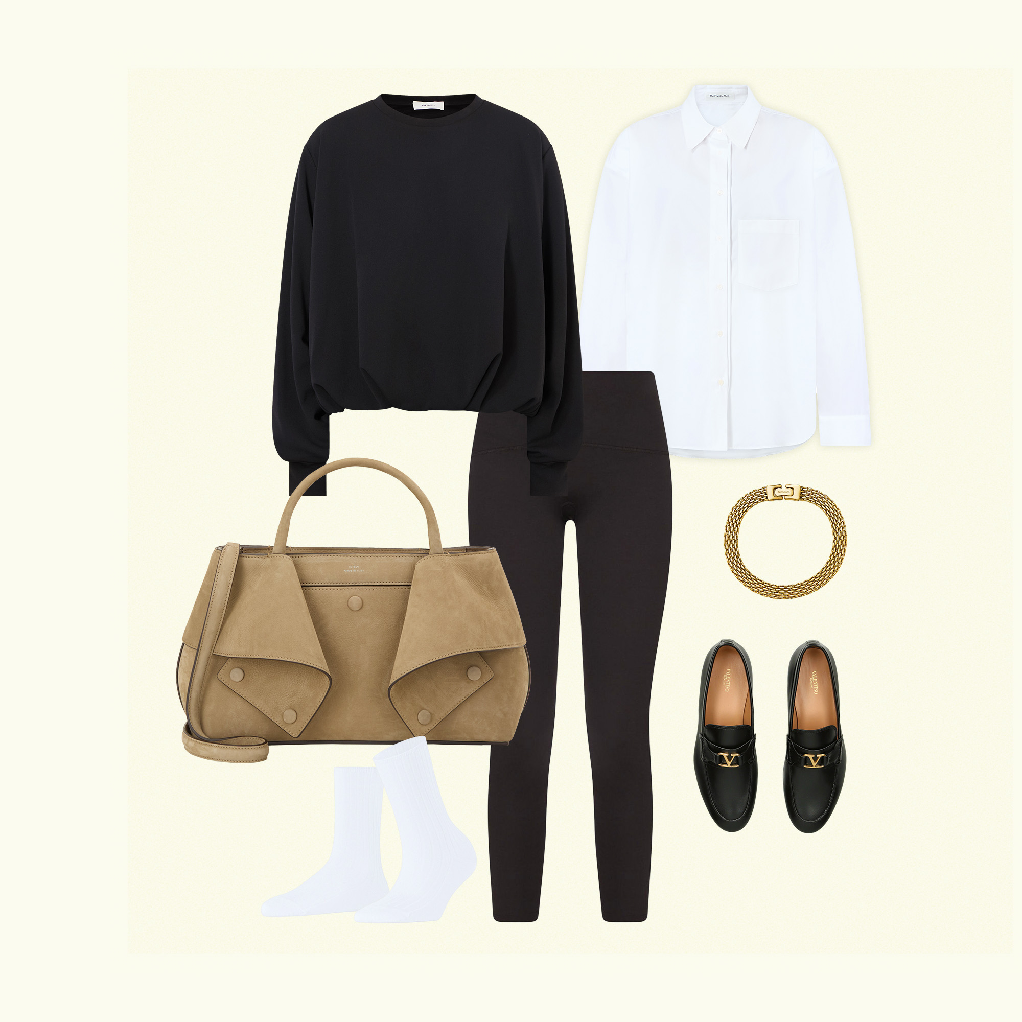 Styling outfit featuring black sweatshirt and leggings, paired with beige handbag, white shirt, gold bracelet, and black loafers