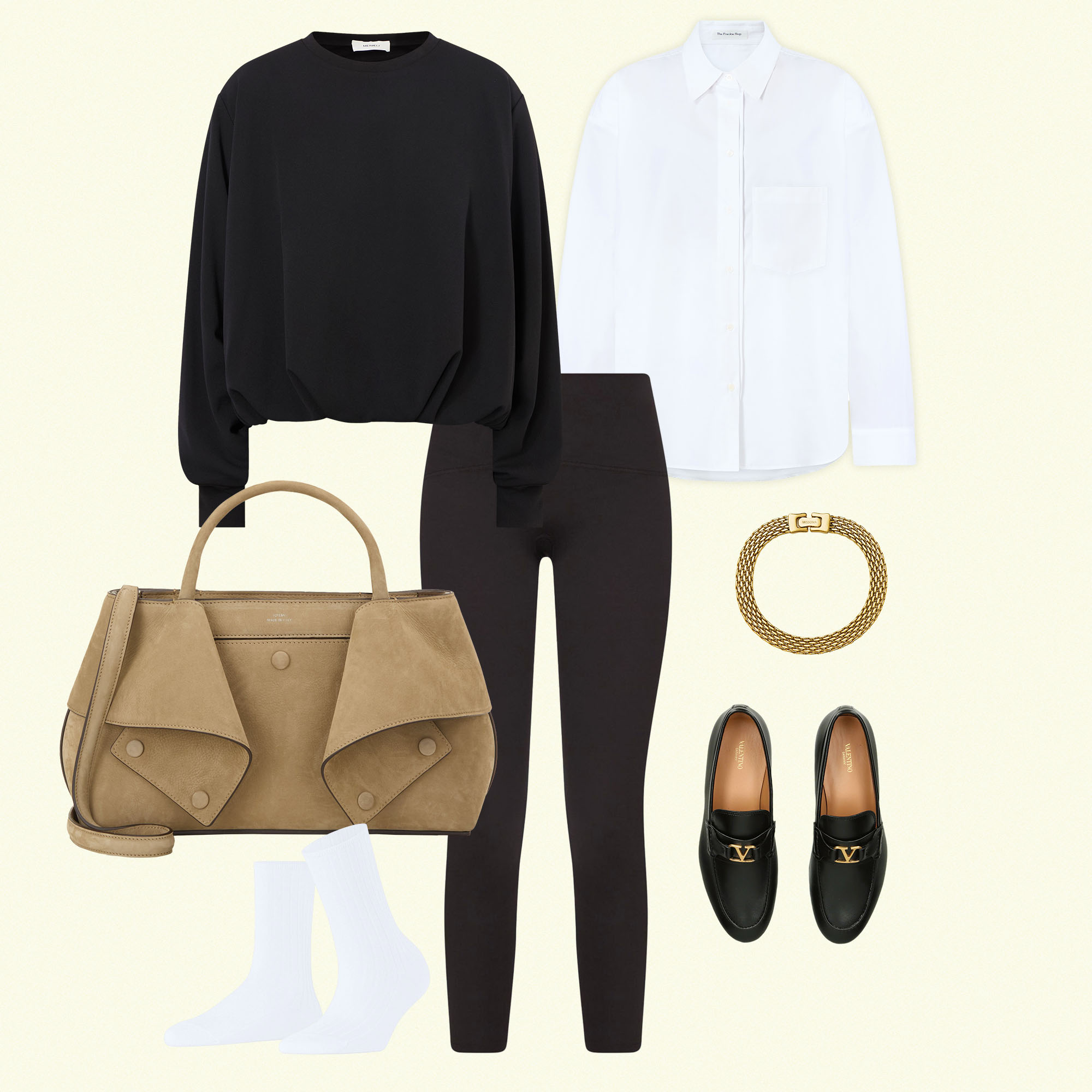 Casual outfit with a black sweatshirt, white shirt, black leggings, loafers, beige bag, gold bracelet, and white socks.