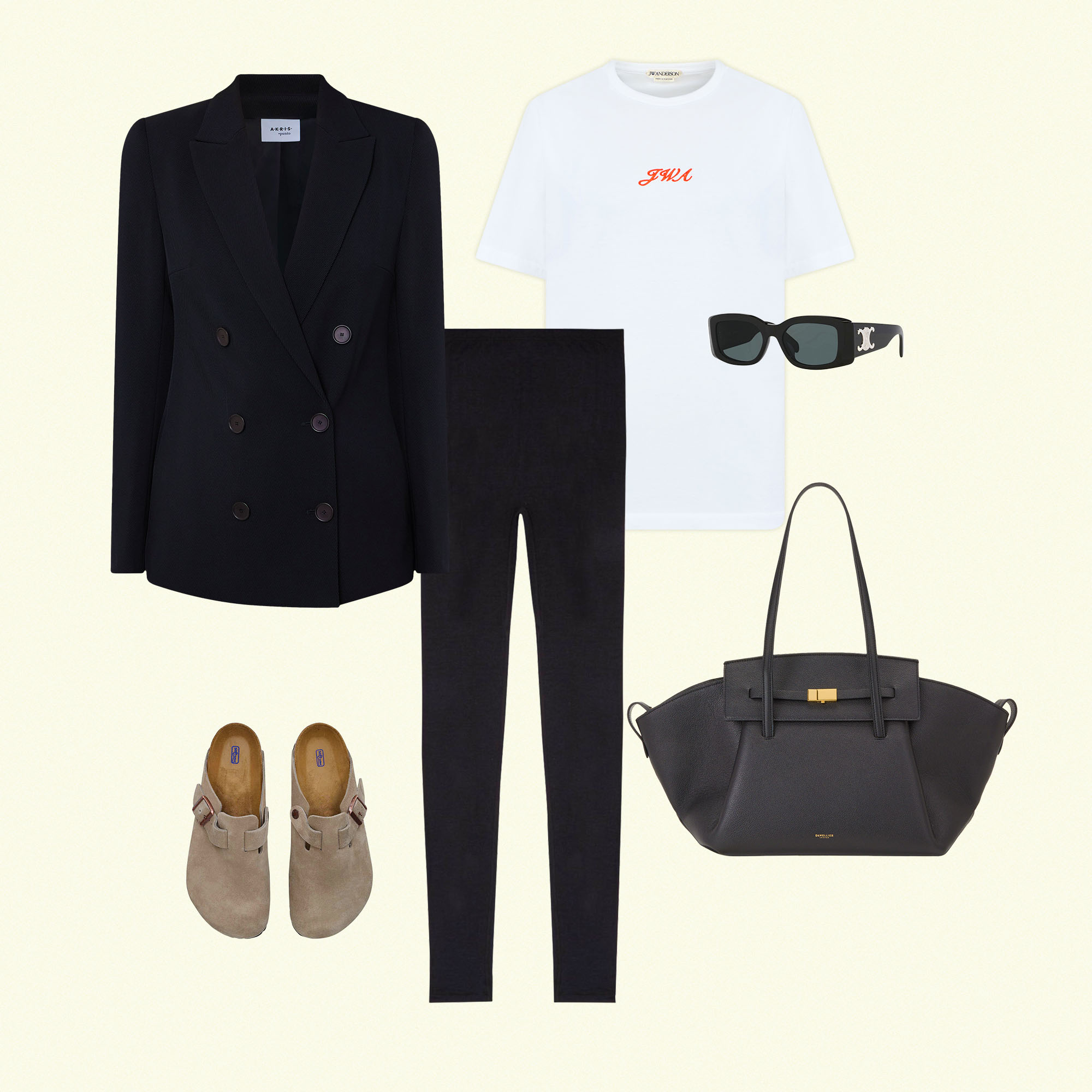 Black leggings paired with black double-breasted blazer, white graphic tee, black sunglasses, beige mule shoes and black shoulder bag