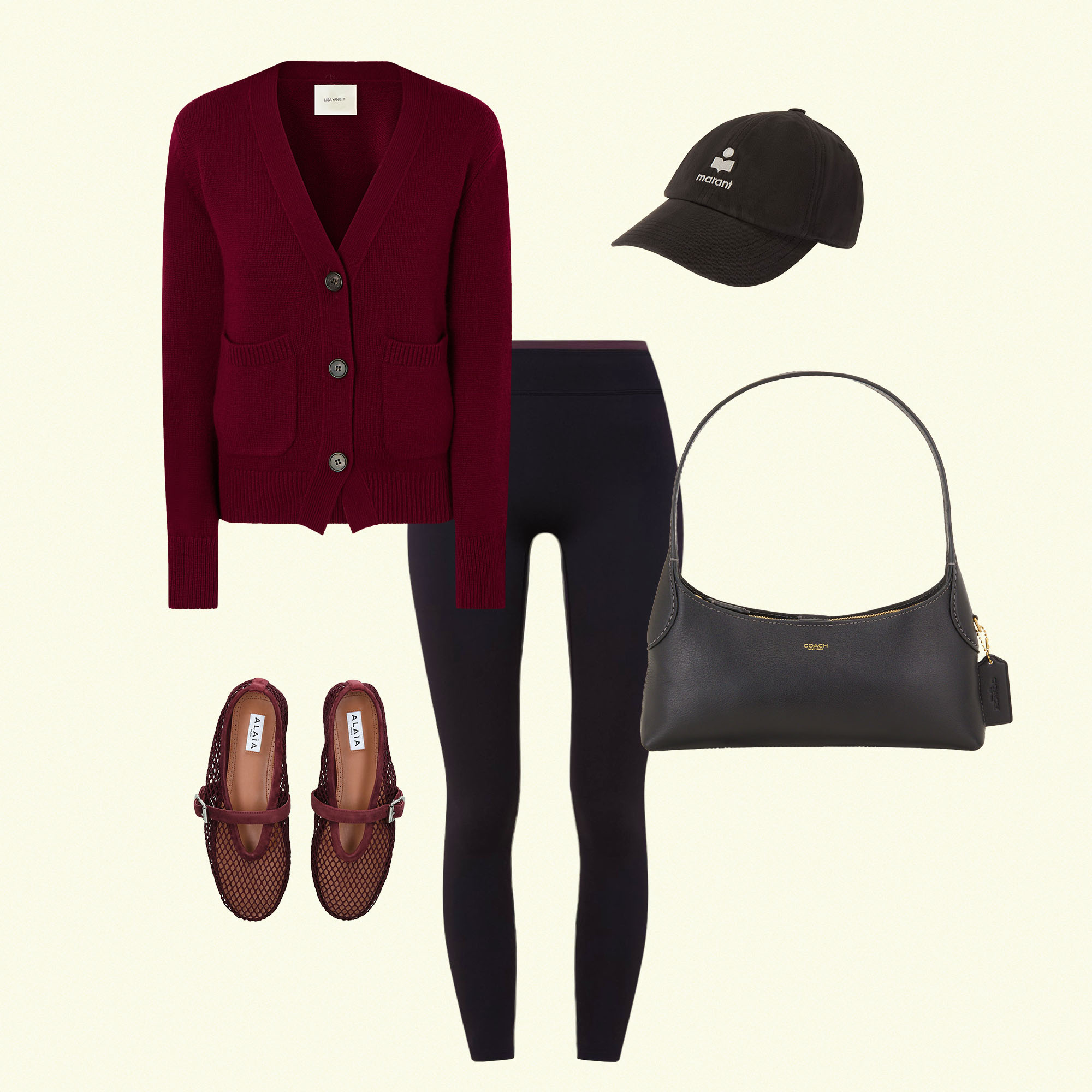 Black leggings with burgundy cardigan, burgundy ballet flats, black baseball cap and black shoulder bag