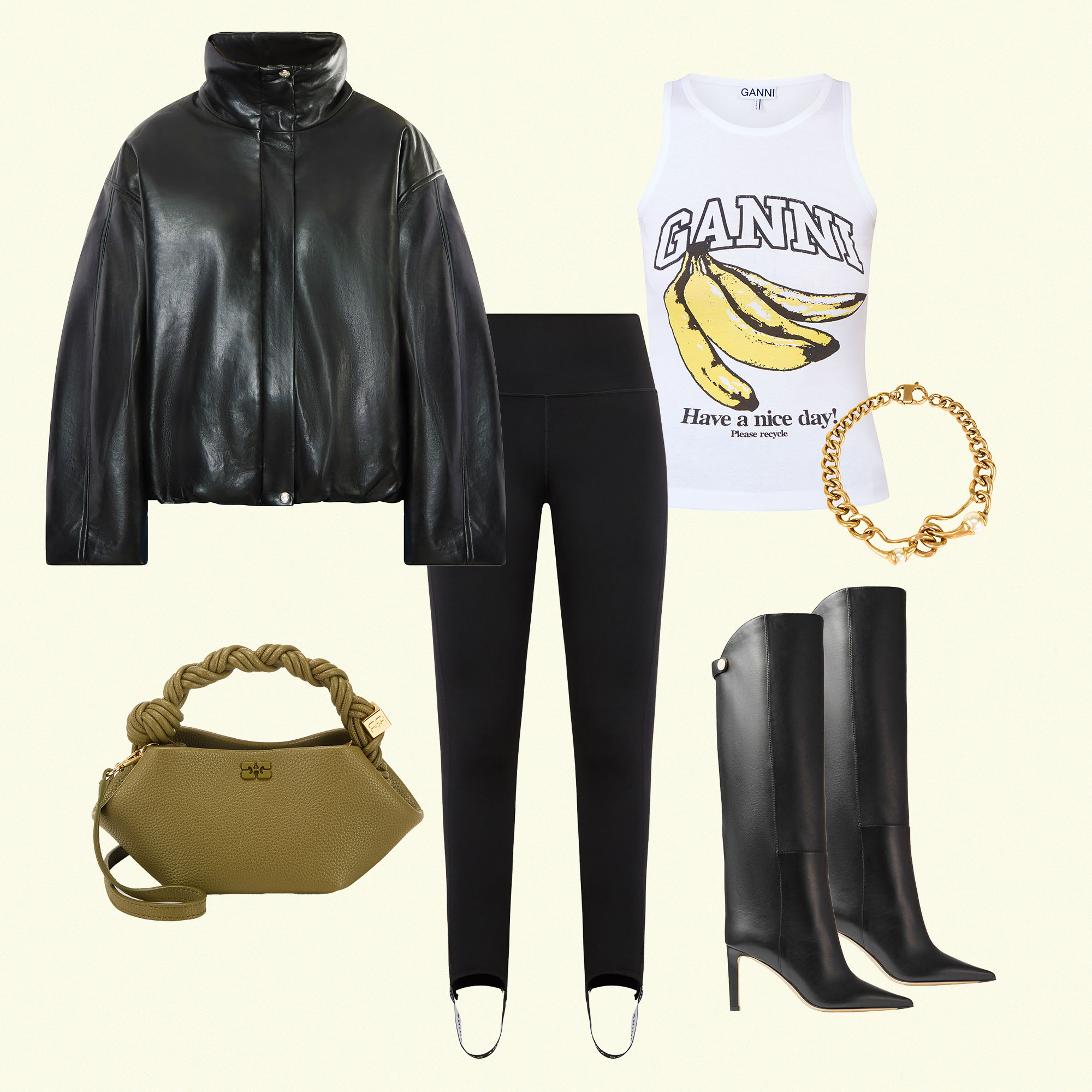 Black leggings tucked into knee-high black boots, styled with black leather jacket, white graphic vest, gold chain bracelet and olive shoulder bag