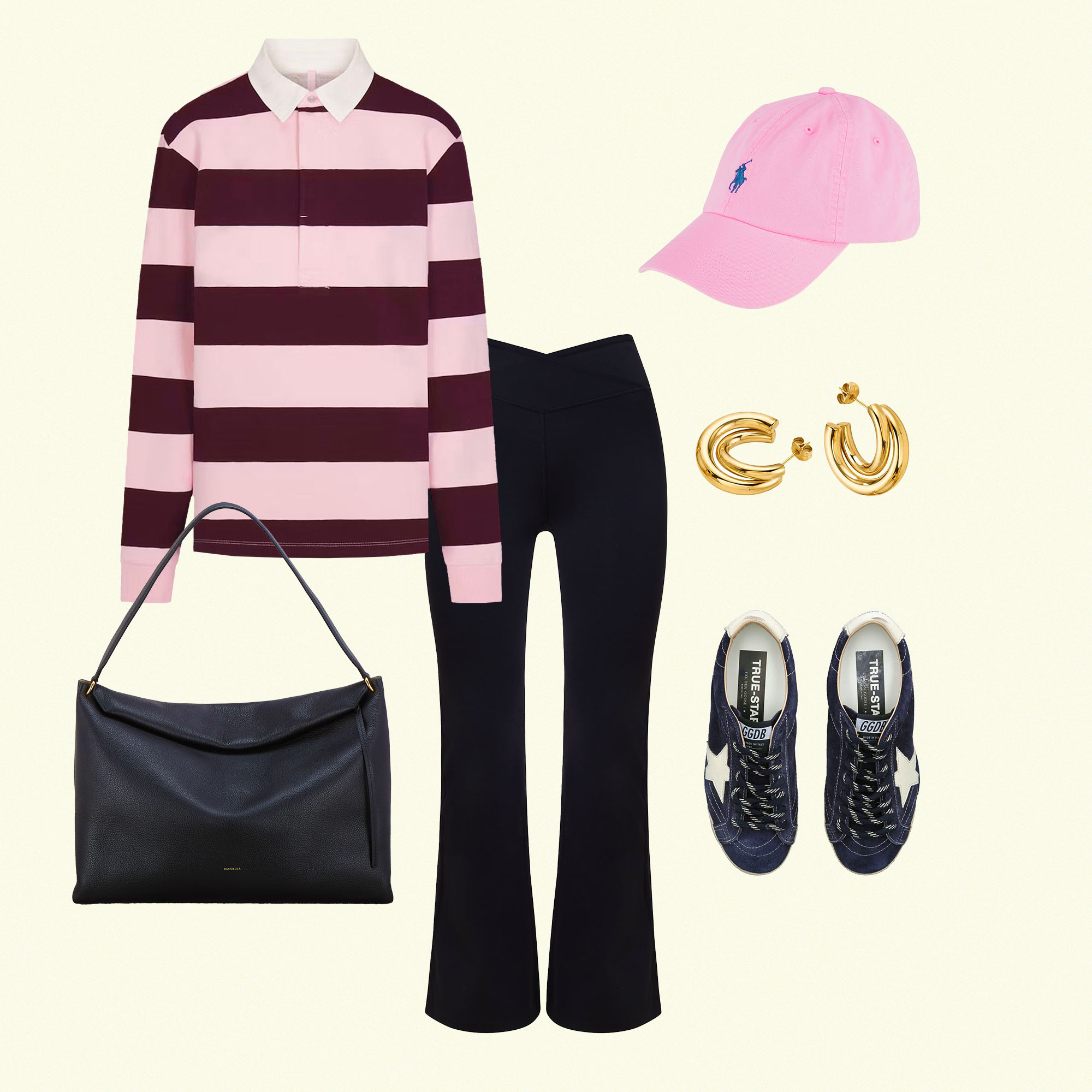 Sporty outfit featuring pink and burgundy striped rugby shirt, black flared leggings, pink baseball cap, black shoulder bag, gold hoop earrings, and navy trainers