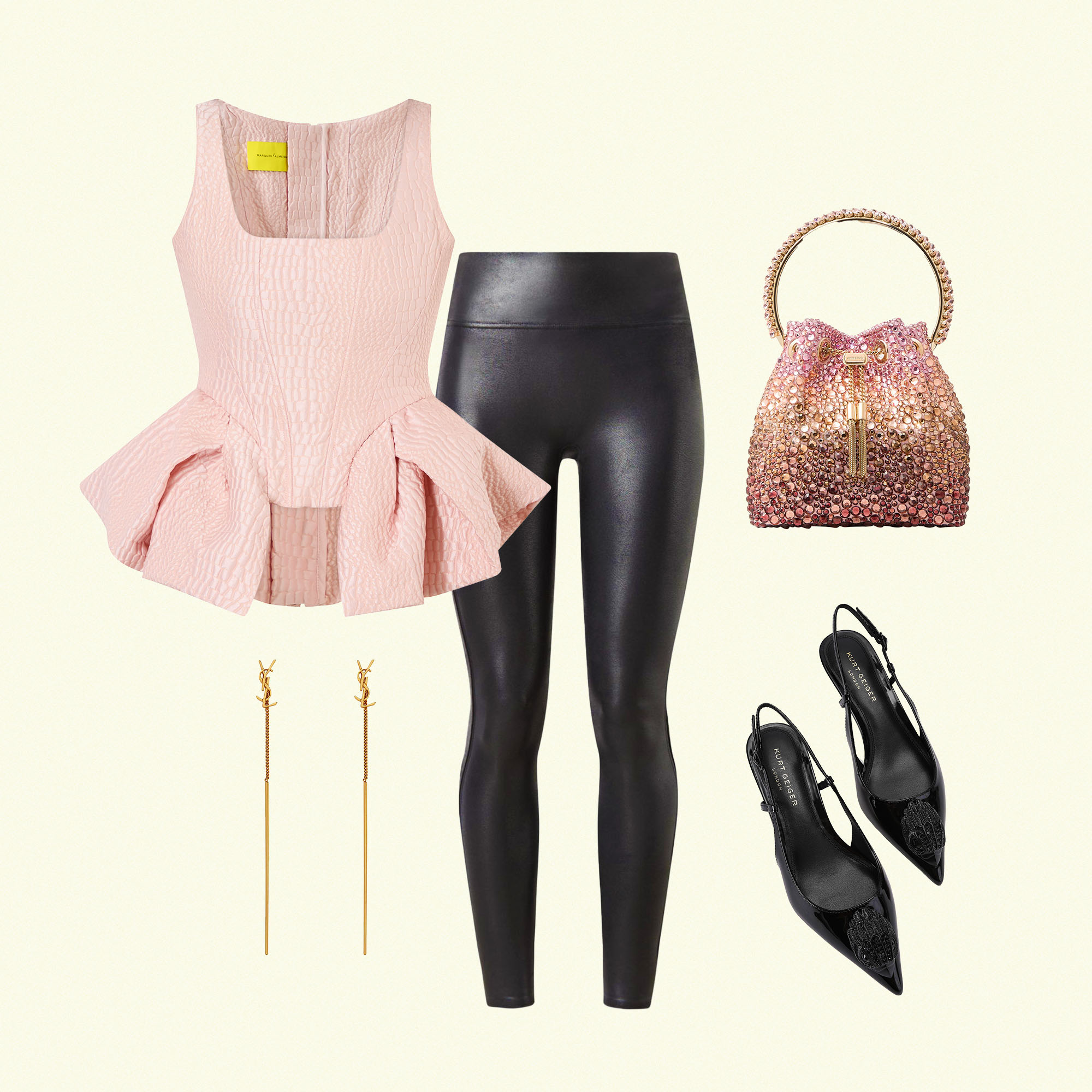 Evening outfit with pink quilted peplum top, black faux leather leggings, rose gold beaded clutch, black pointed kitten heels, and gold drop earrings