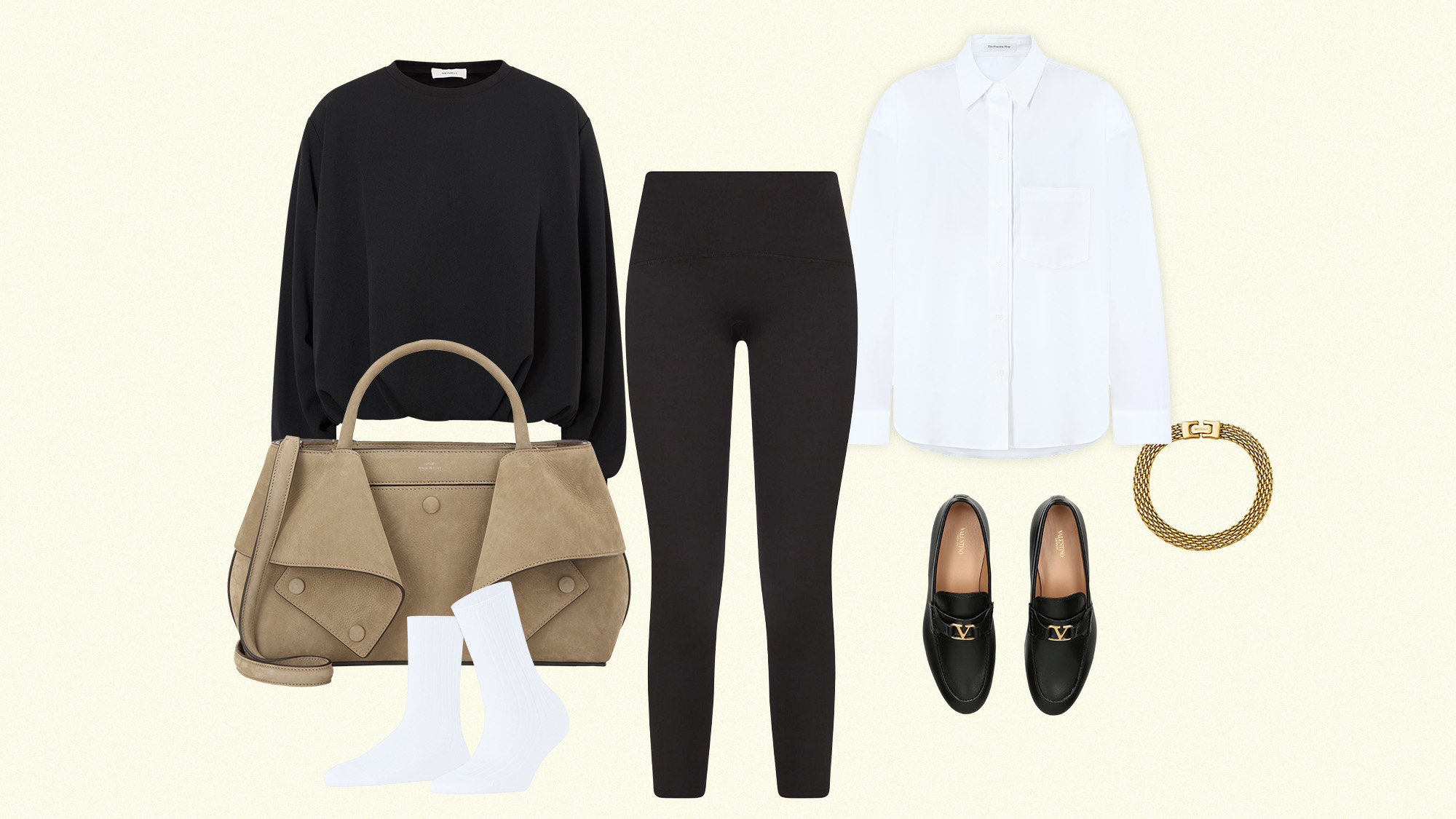 Casual outfit with a black sweatshirt, white shirt, black leggings, loafers, beige bag, gold bracelet, and white socks.