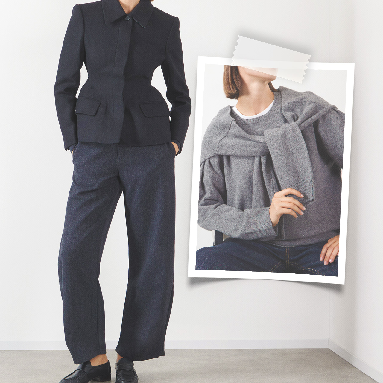 Woman wearing navy tailored blazer and trousers with grey knit sweater and scarf