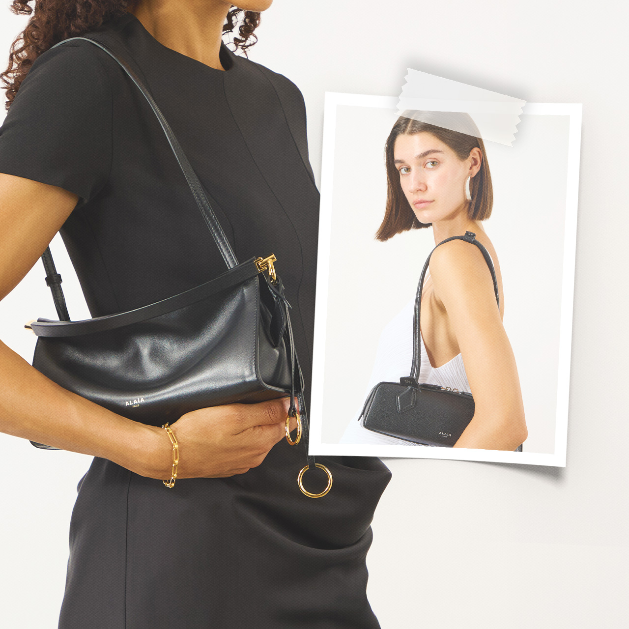 Woman in black t-shirt wearing black leather shoulder bag with gold hardware
