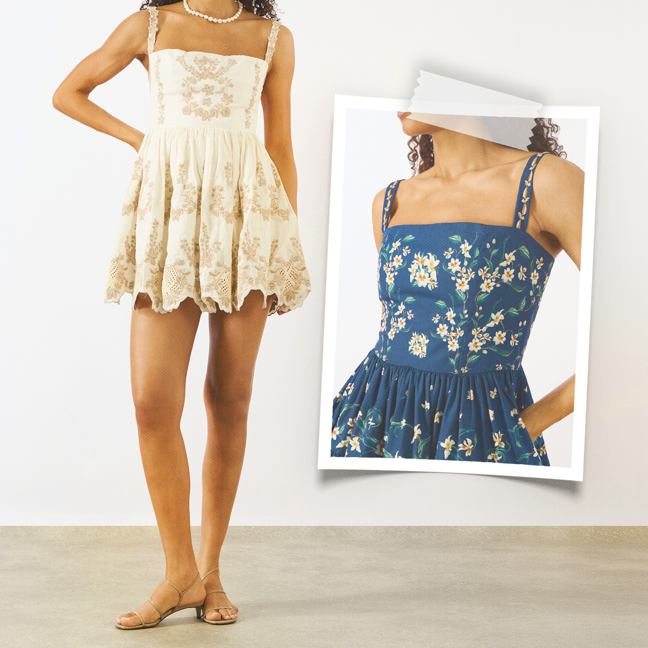 Woman wearing cream embroidered sundress and blue floral cami dress with straps