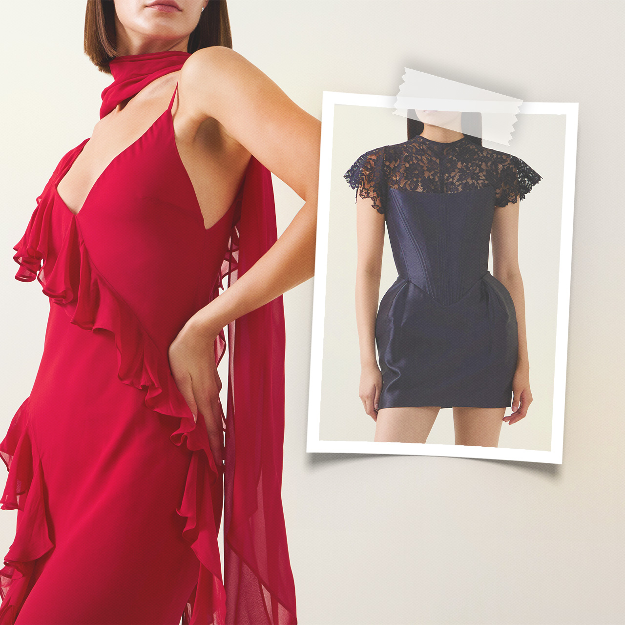 Woman in red ruffled halter gown and navy lace mini dress with cap sleeves