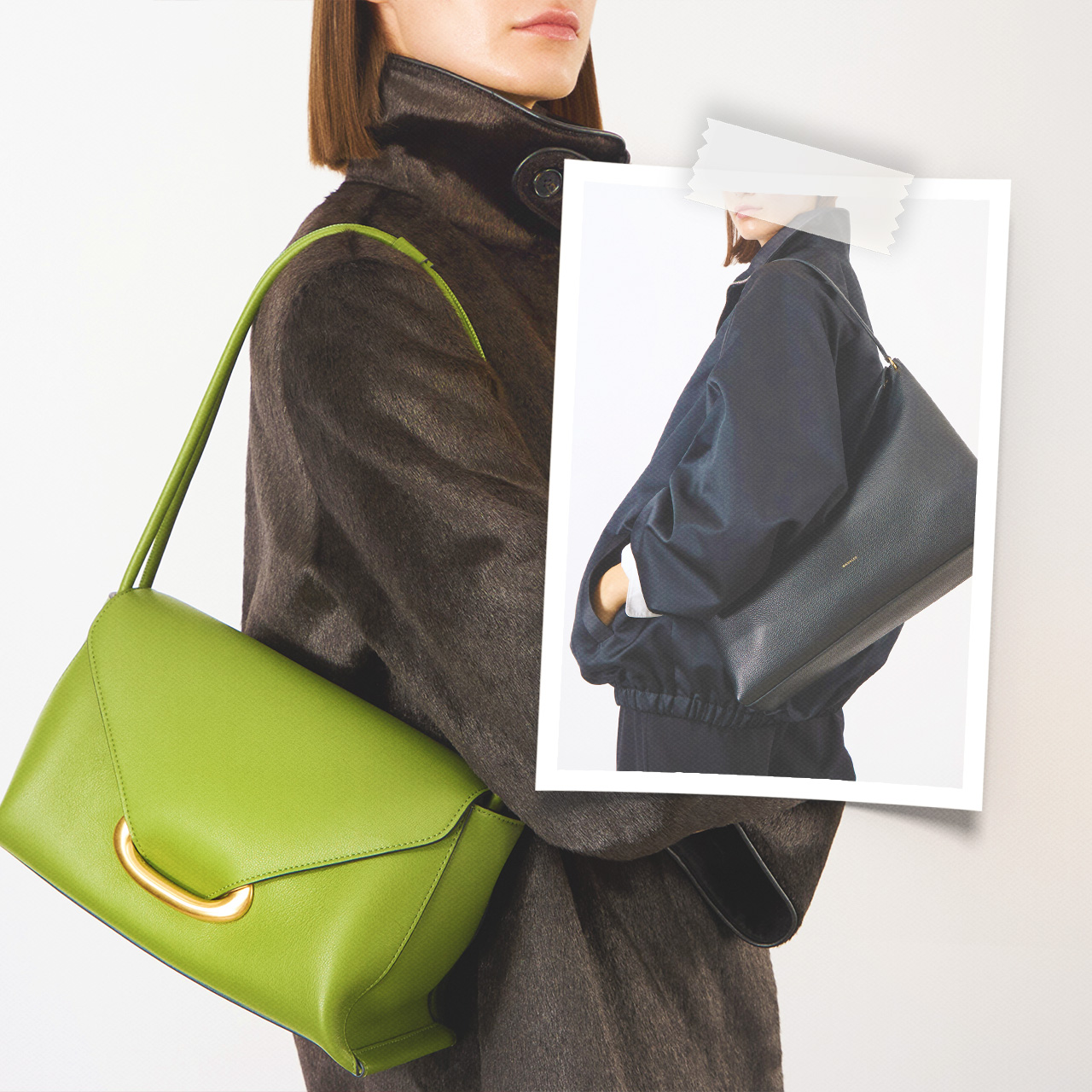 Woman wearing charcoal wool coat with lime-green leather shoulder bag and black handbag, styled with fashion lookbook imagery