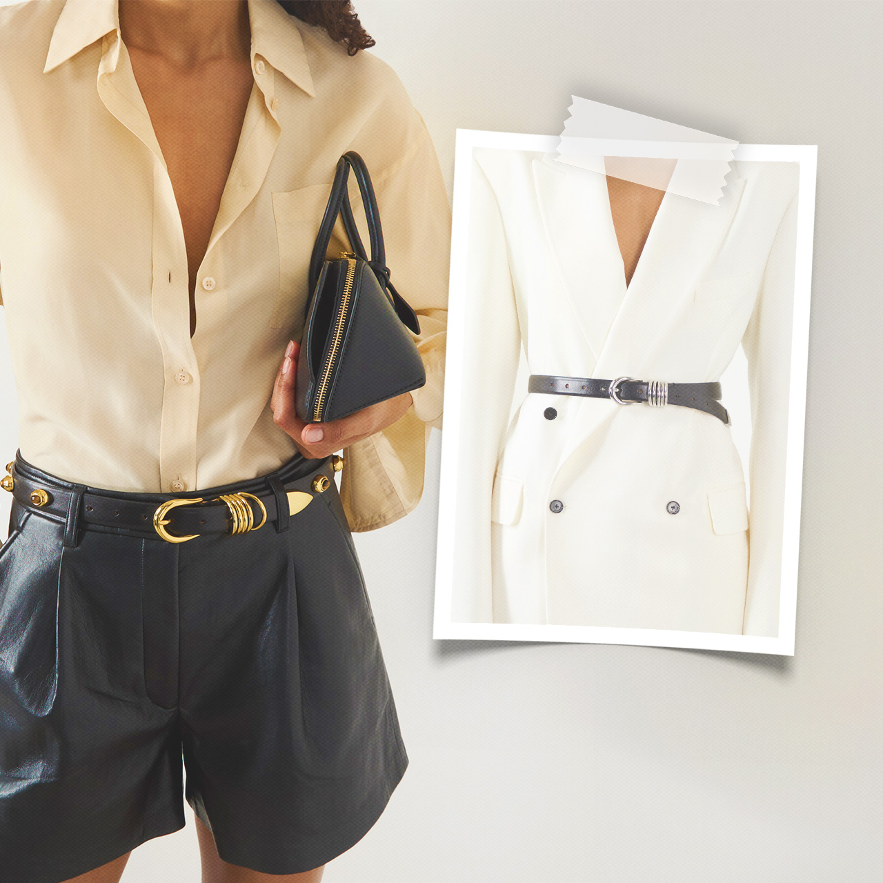 Woman in cream shirt and black shorts wearing sculptural black and gold belt, with cream blazer and black belt styling details