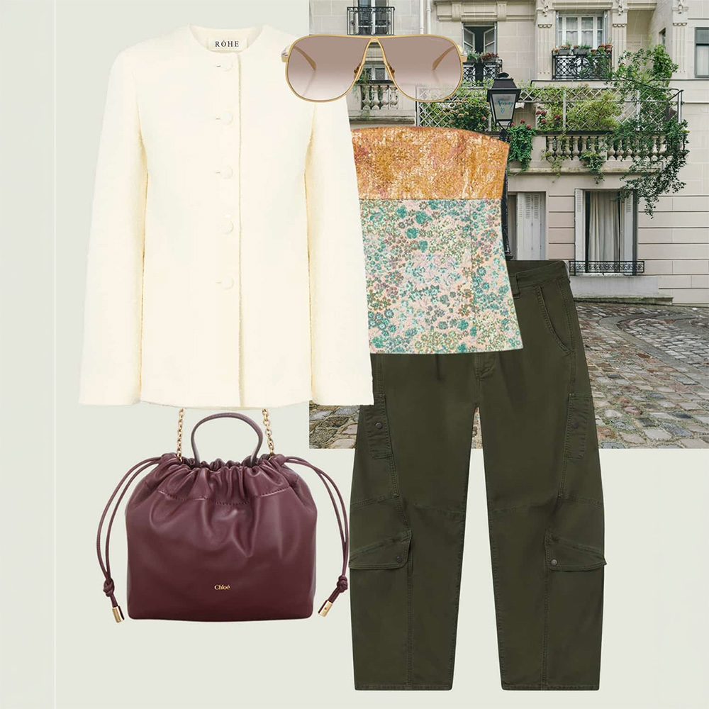 Cream boucle jacket, gold-trimmed aviator sunglasses, golden jacquard bustier top, olive cargo trousers, and burgundy leather crossbody bag styled against Parisian architecture.