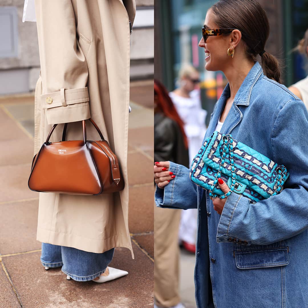 Two fashion outfits: Left shows a trench coat with brown handbag; right features a denim jacket with a colorful patterned bag.
