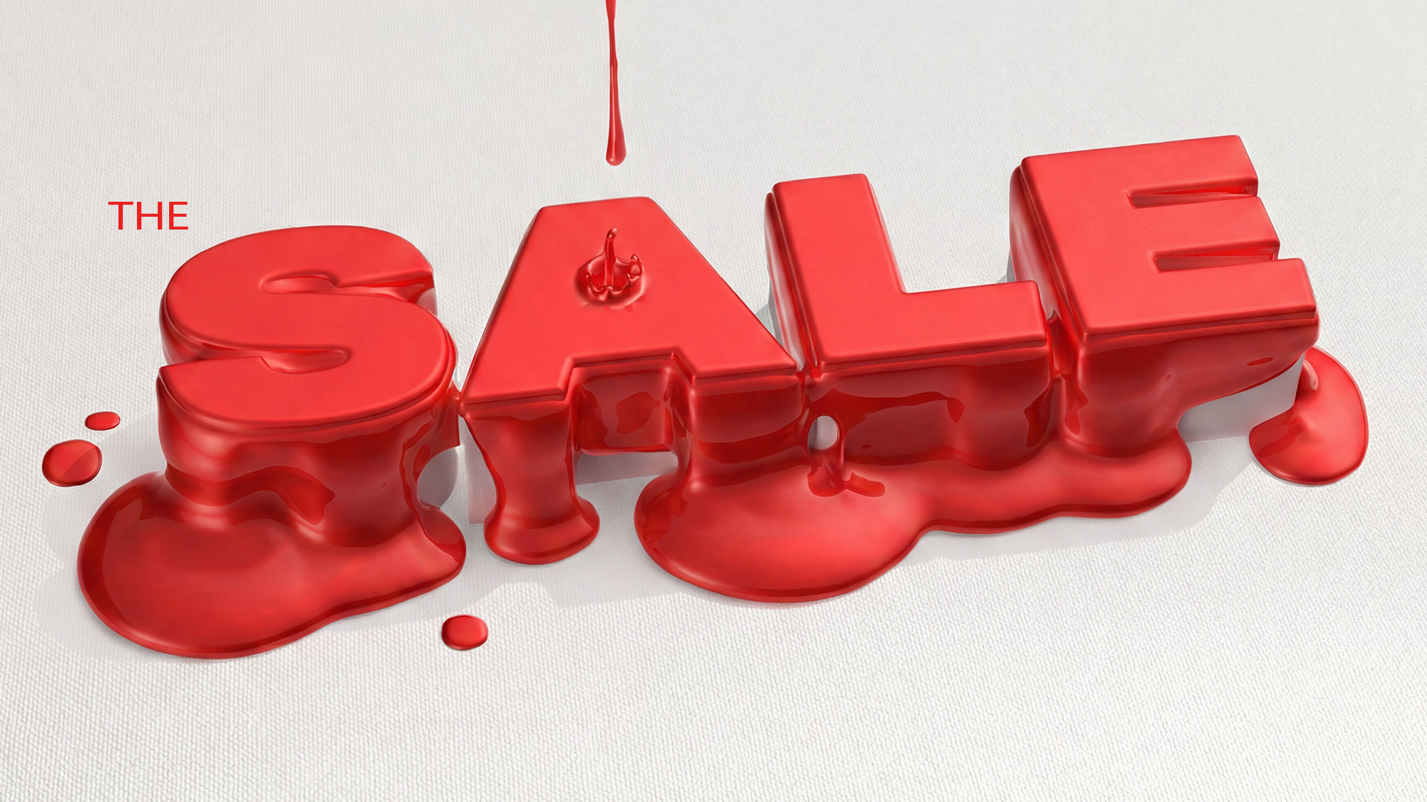 The Sale text in bold red 3D letters with dripping liquid effect and falling drops on a light background