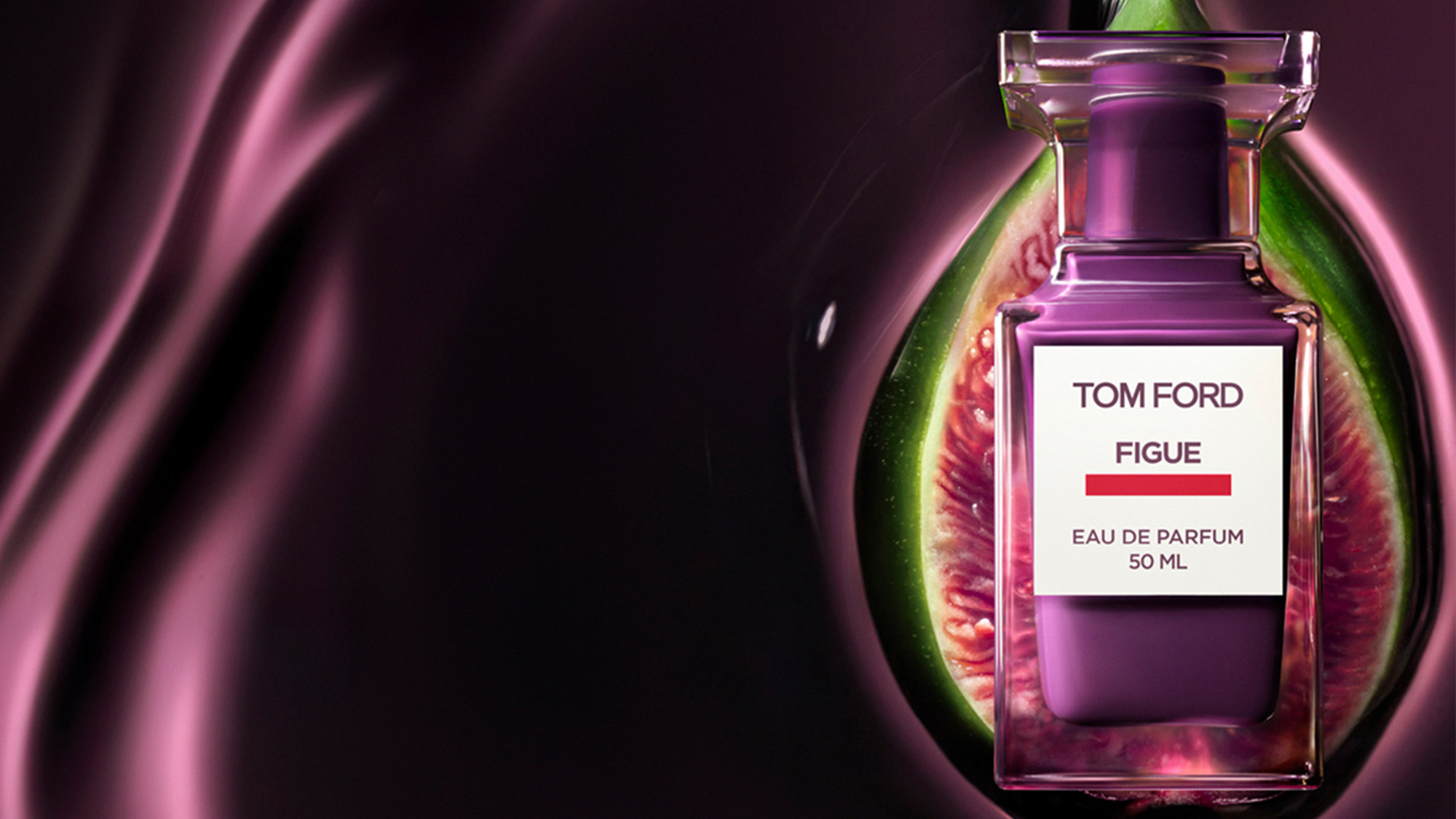 A bottle of Tom Ford Figue Eau de Parfum is placed against a purple and green fig-inspired background.