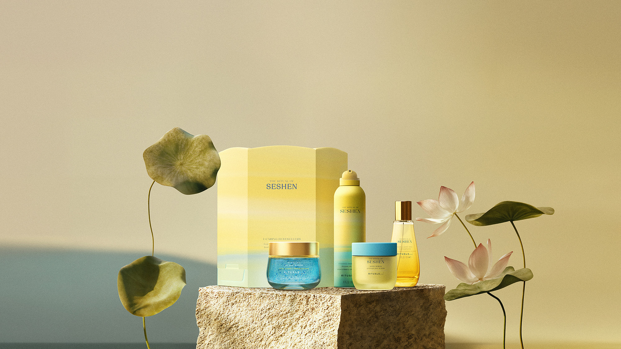 Skincare products displayed on a stone slab with lotus flowers, set against a soothing gradient backdrop.