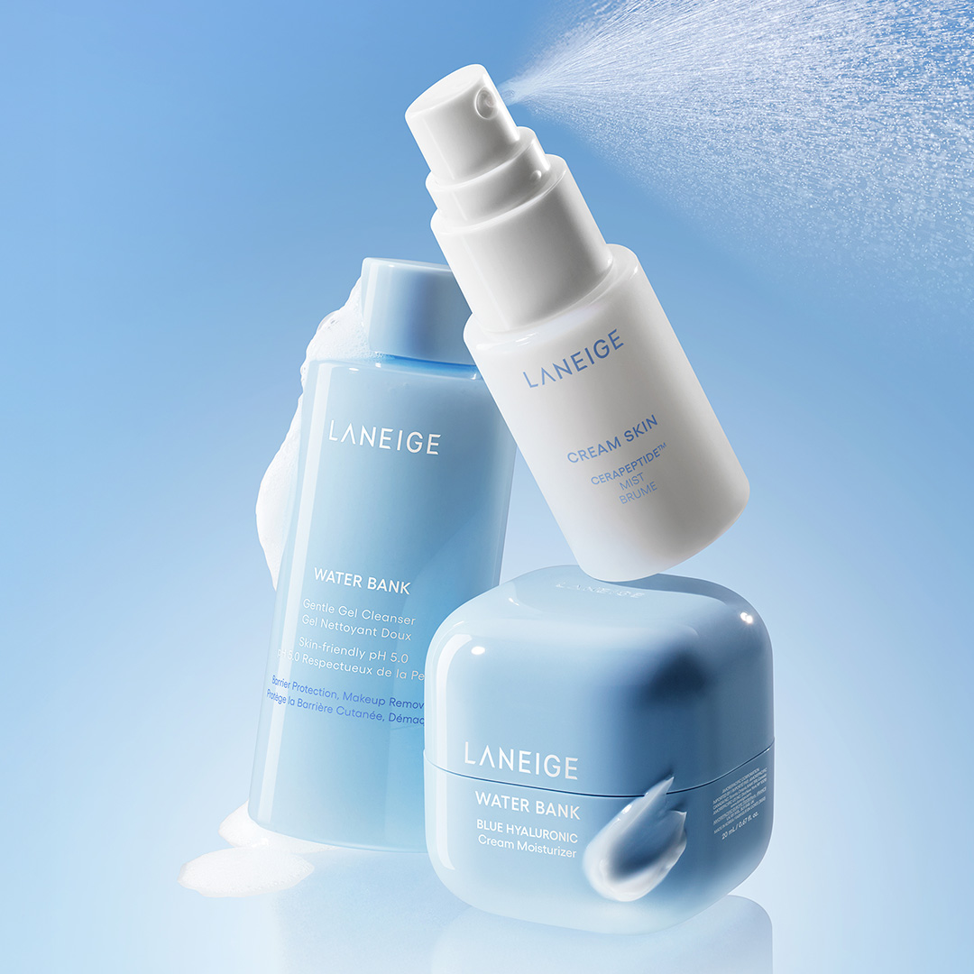 Laneige spring skincare collection displaying water bank gel cleanser, cream skin moisturiser and blue hyaluronic cream with water spray effect