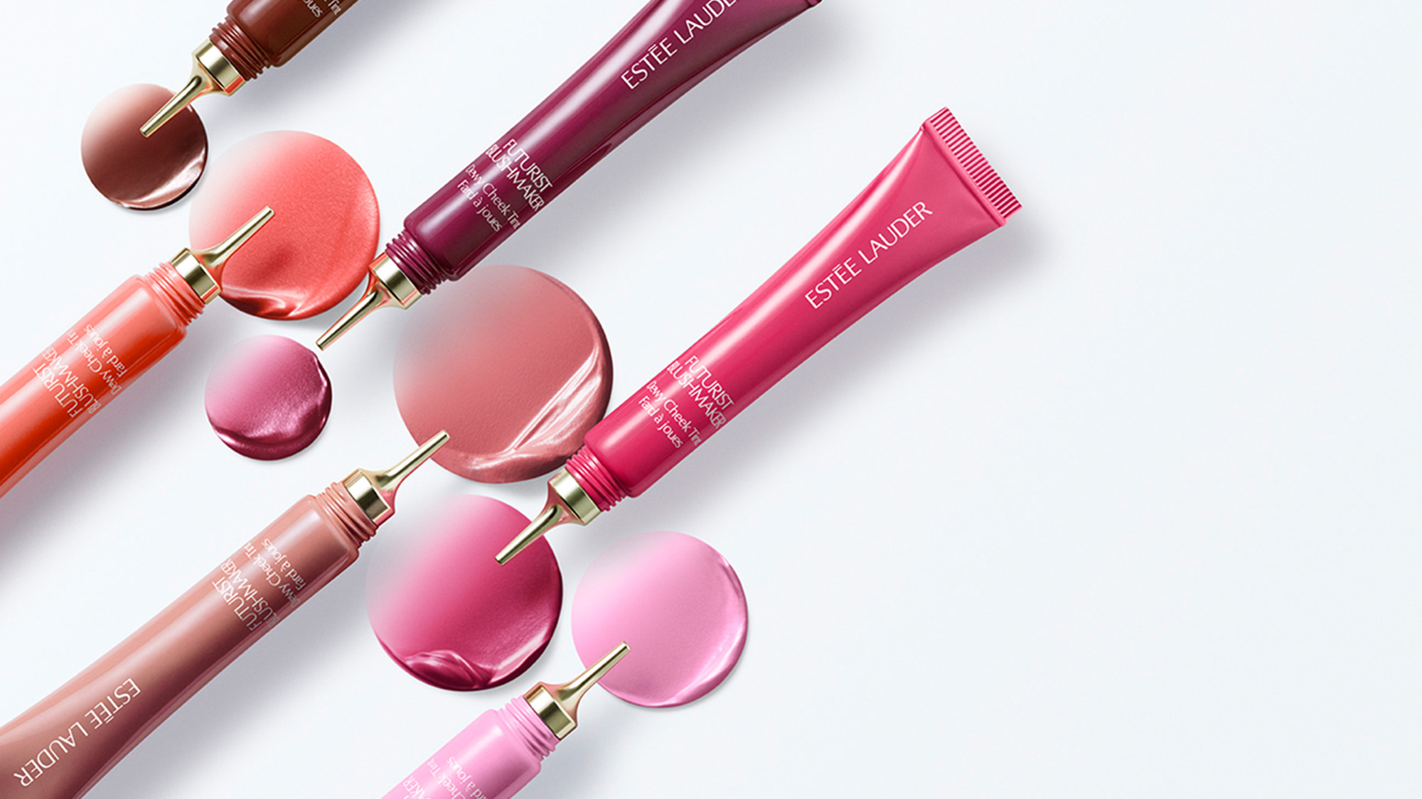 Estée Lauder Dewy Cheek Liquid Blush collection in pink and burgundy shades with applicators