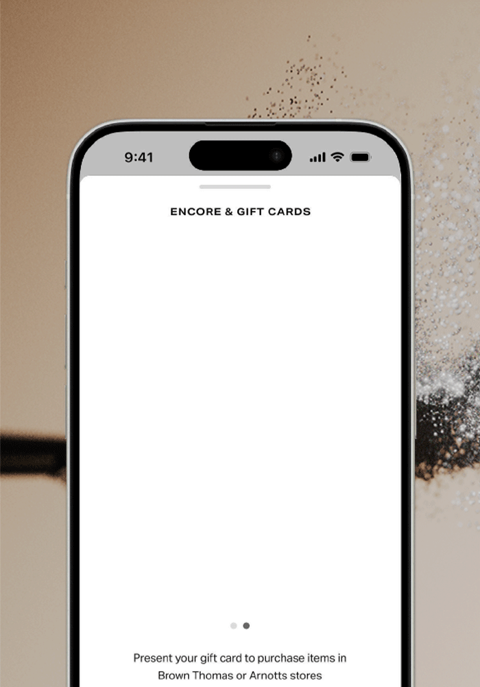 A smartphone screen displaying a page titled 'Encore & Gift Cards' with text about using gift cards at specific stores.