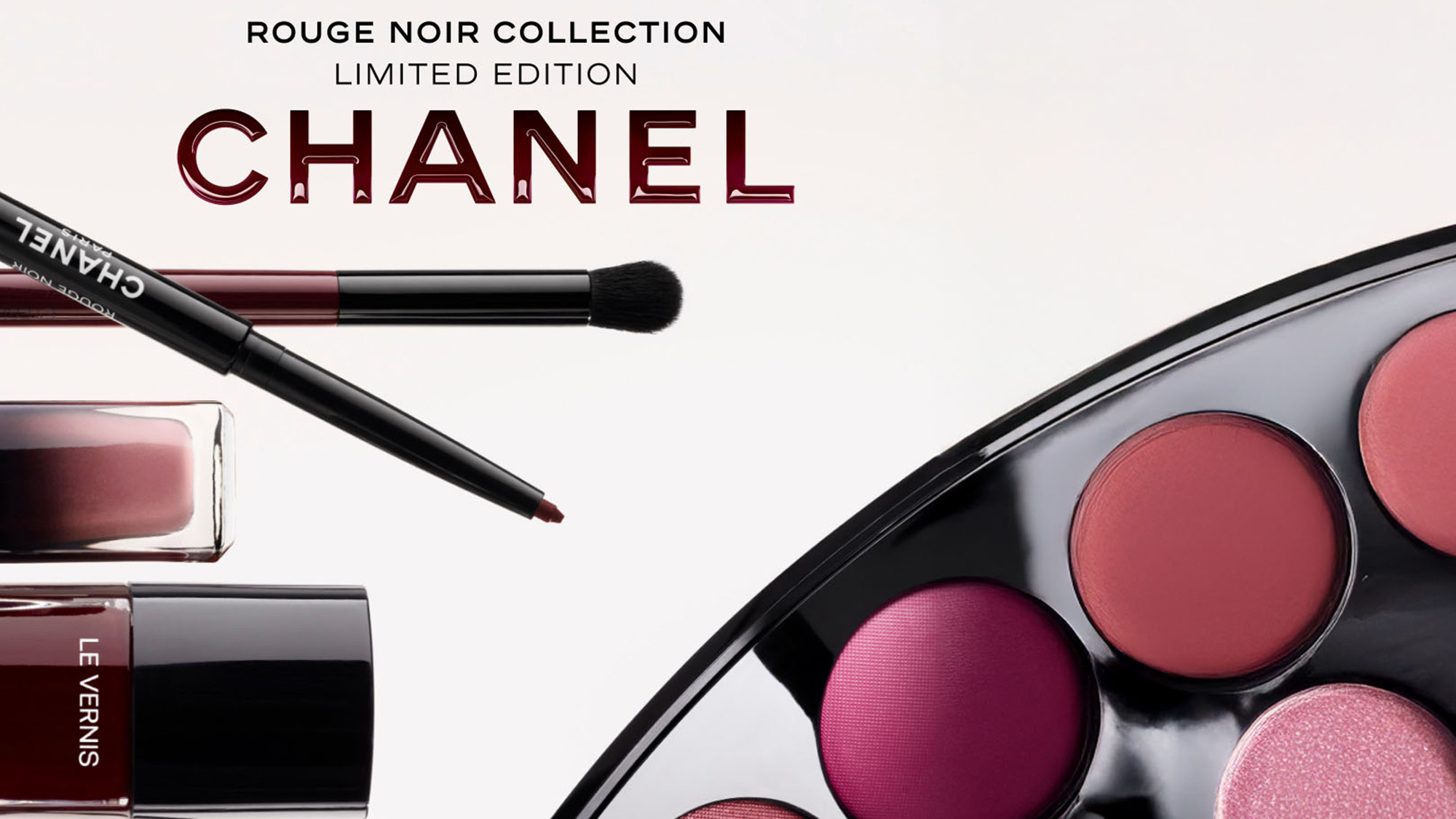 Chanel Rouge Noir Collection featuring lipsticks, nail polish, and makeup palette in rich red shades.