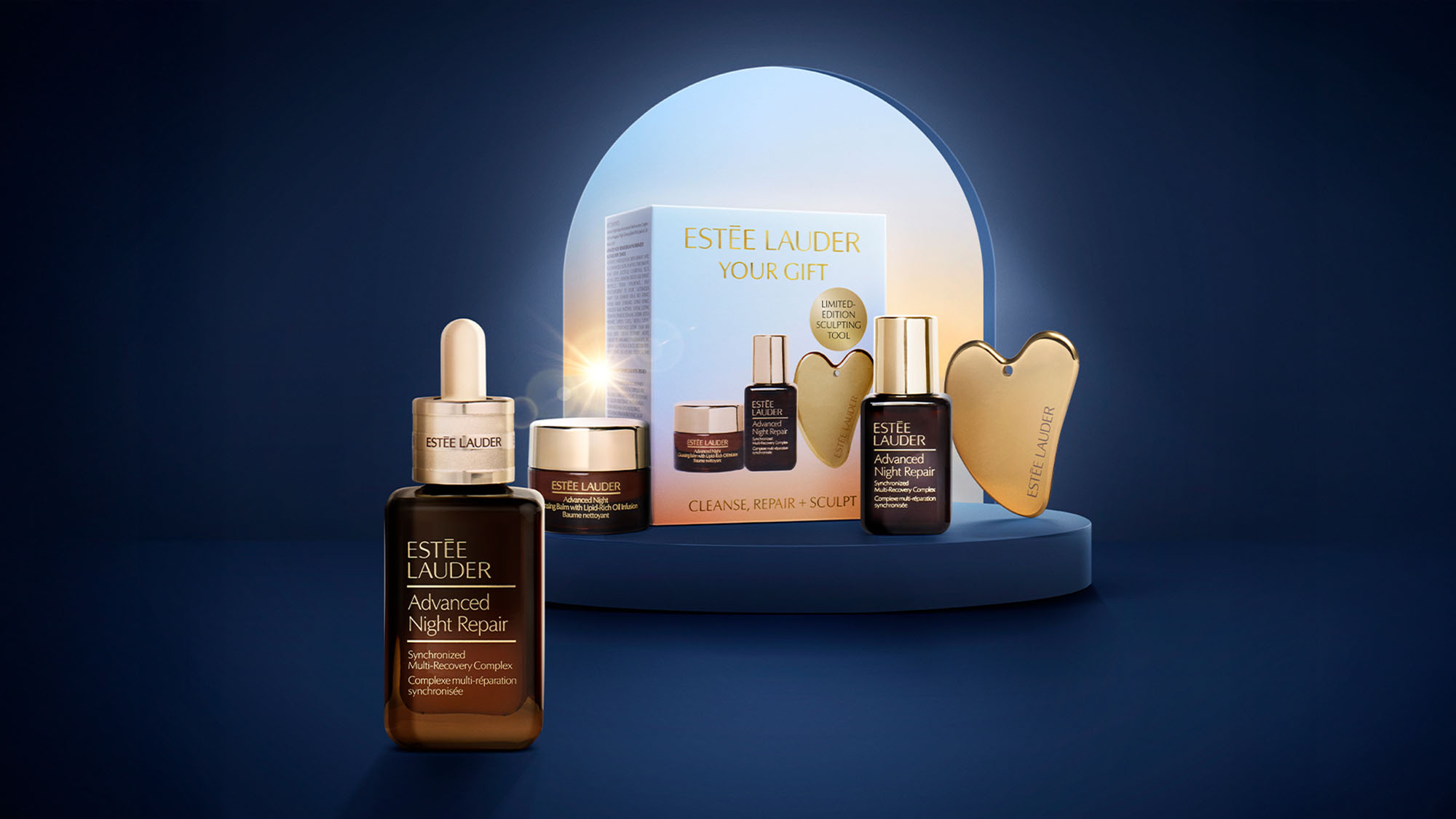 A set of Estée Lauder skincare products, including bottles and jars, displayed on a blue platform with a glowing backdrop.