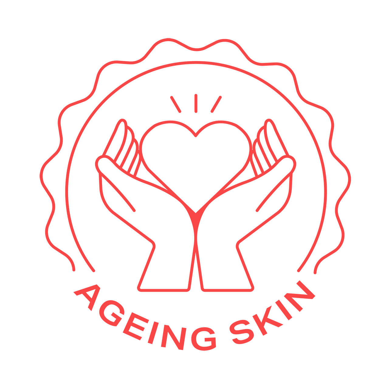 Two hands holding a heart with the text 'Ageing Skin' below, all in red on a black background.