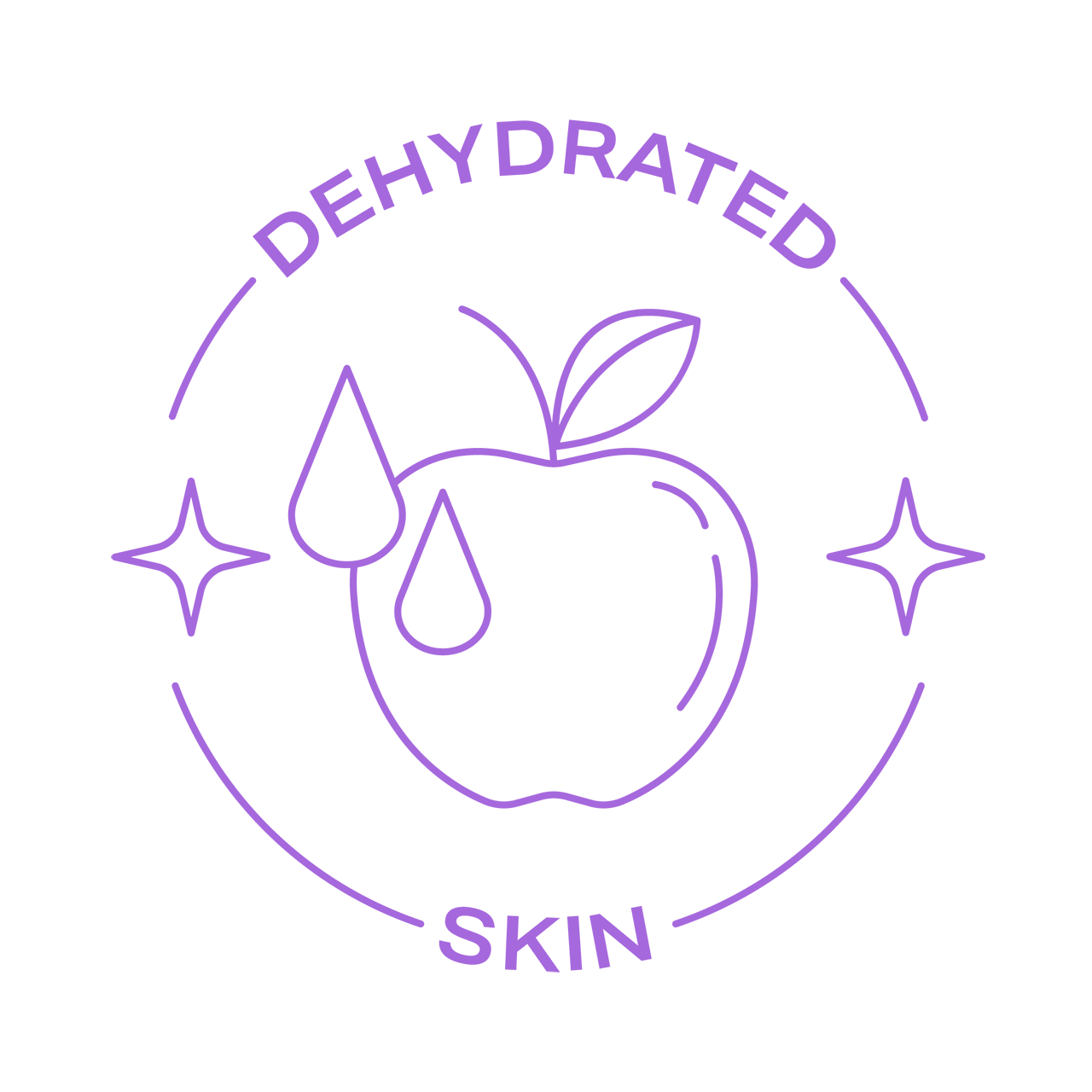 Purple line art of an apple with a drop, text 'Dehydrated Skin,' on a black background.