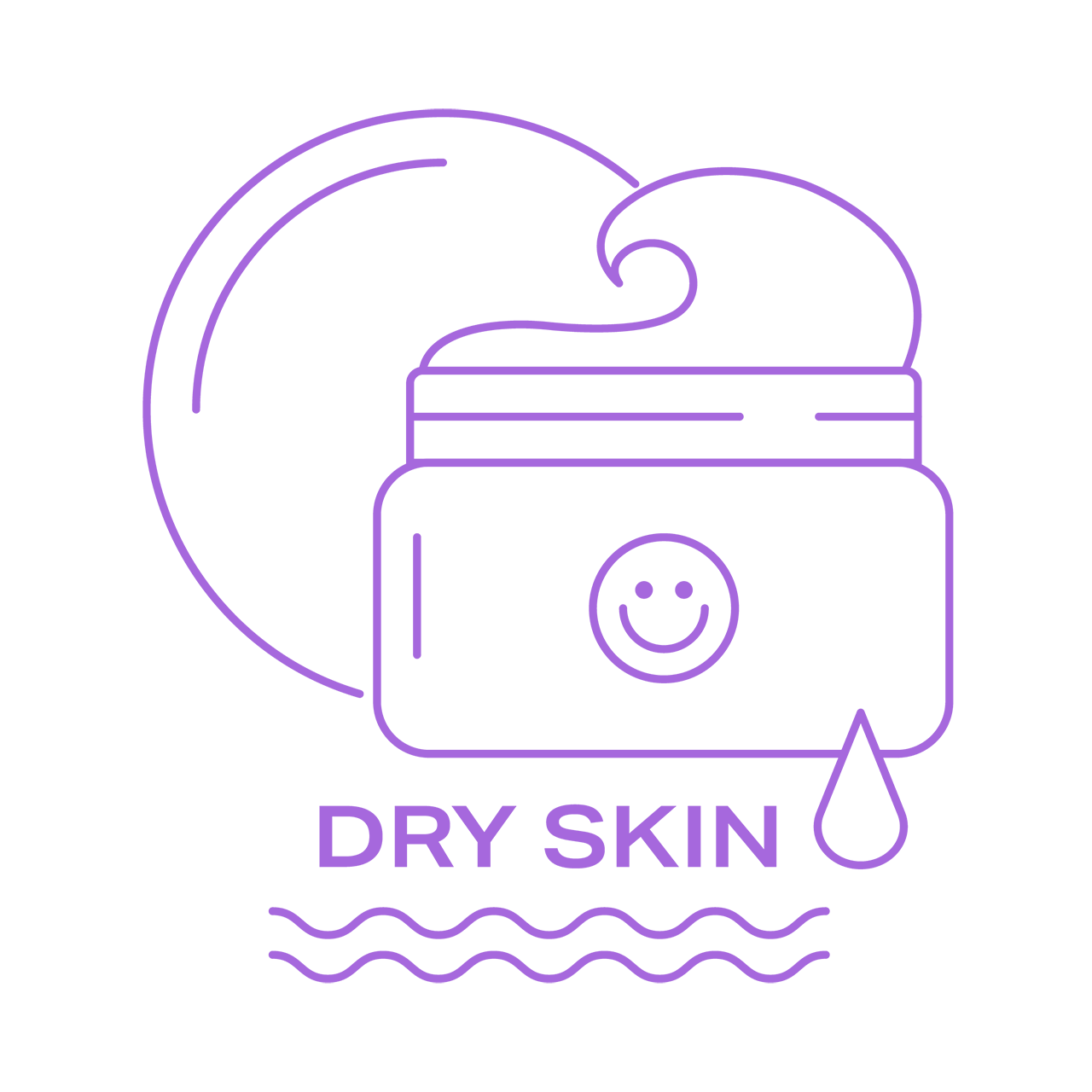 Purple neon line art of a cream jar with a smiley face, labeled 'Dry Skin' on a black background.