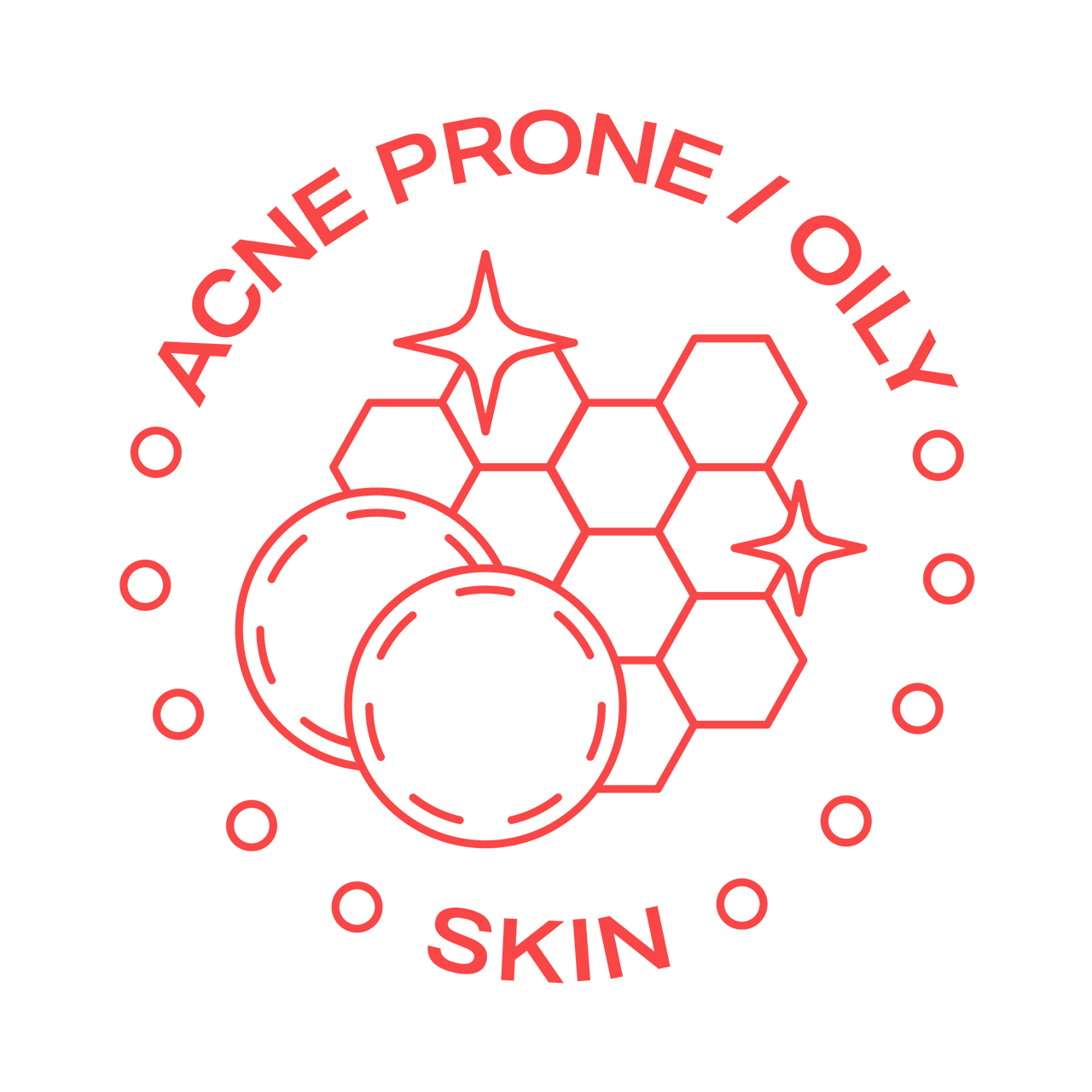 Red outline of a honeycomb and circles with 'Acne Prone / Oily Skin' text on black background.