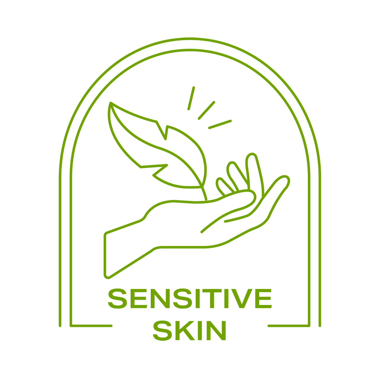 A green outline of a hand holding a leaf, with 'Sensitive Skin' written below, set on a black background.