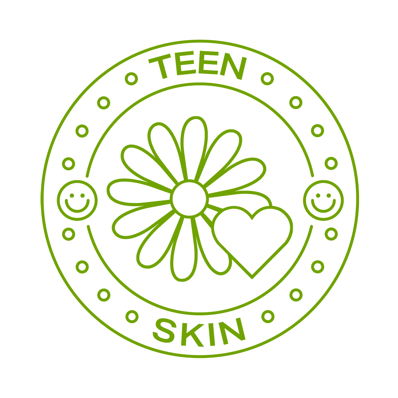 A neon green emblem with 'TEEN SKIN,' featuring a flower, heart, and smiley faces on a black background.