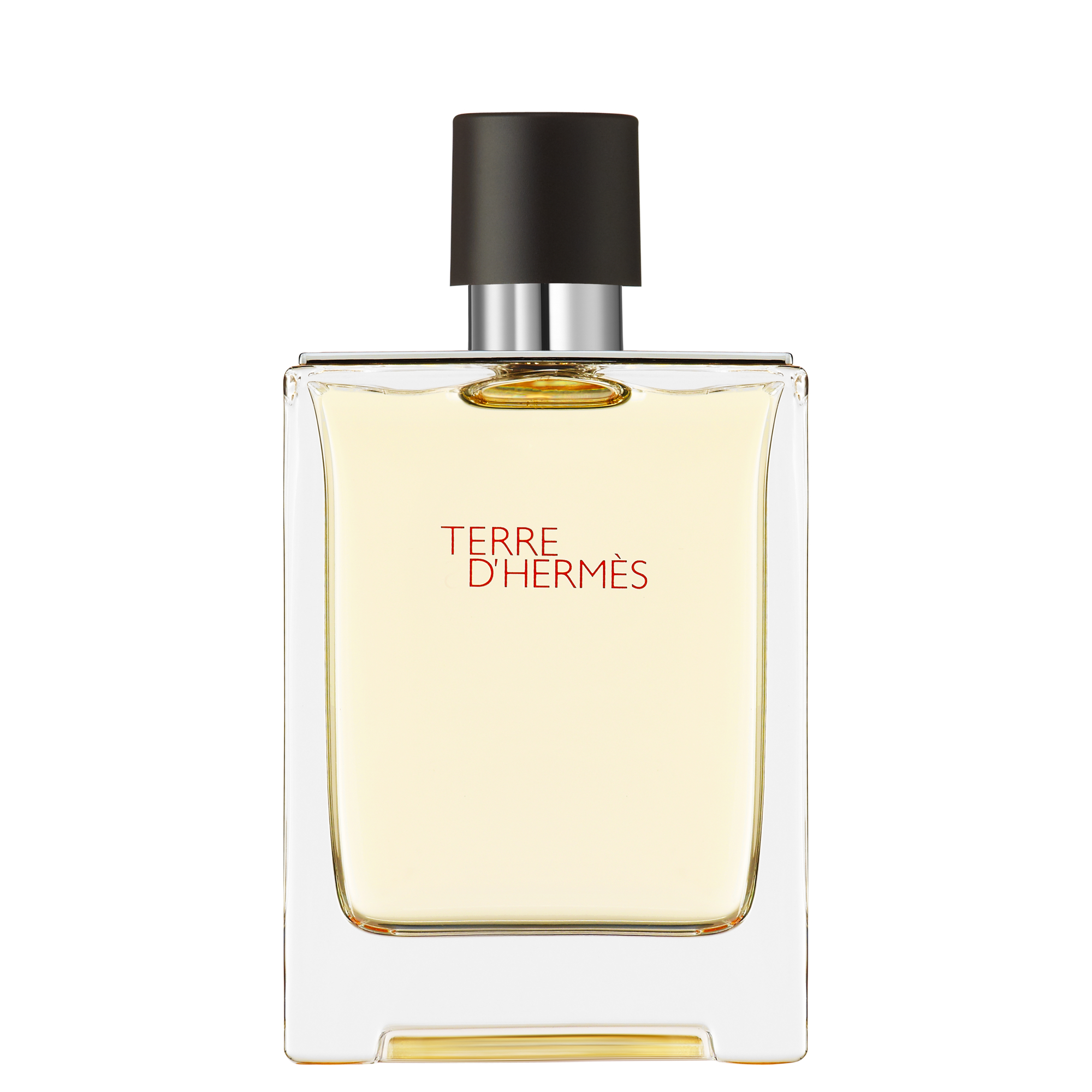 A bottle of Terre d'Herm&egrave;s perfume with a clear design, black cap, and yellow liquid inside.