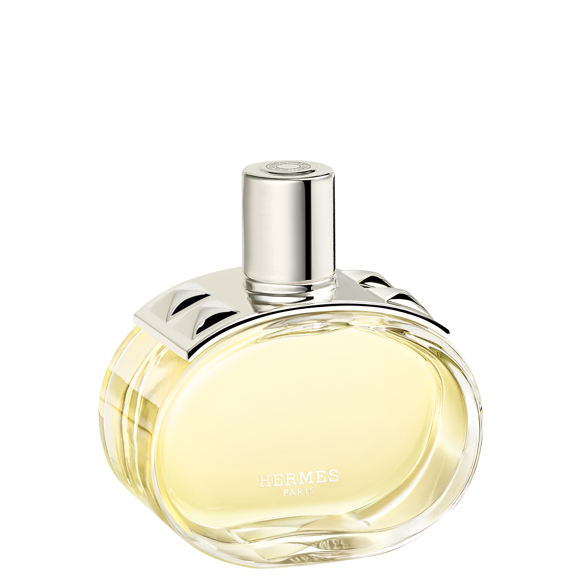 A clear, oval-shaped perfume bottle with a silver cap, labeled 'Herm&egrave;s' in white text.