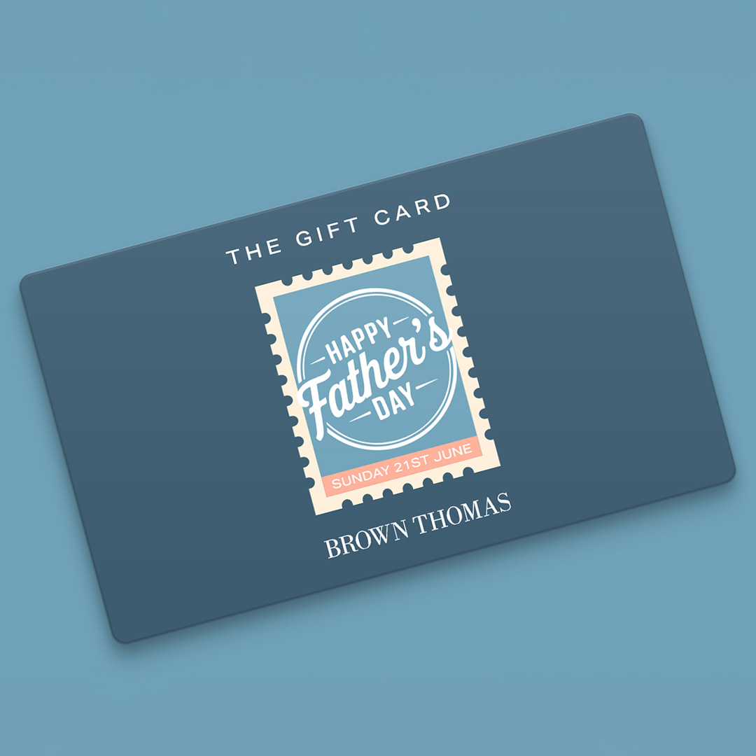 Dark blue gift card featuring Happy Father's Day stamp design, Sunday 21st June, Brown Thomas branding