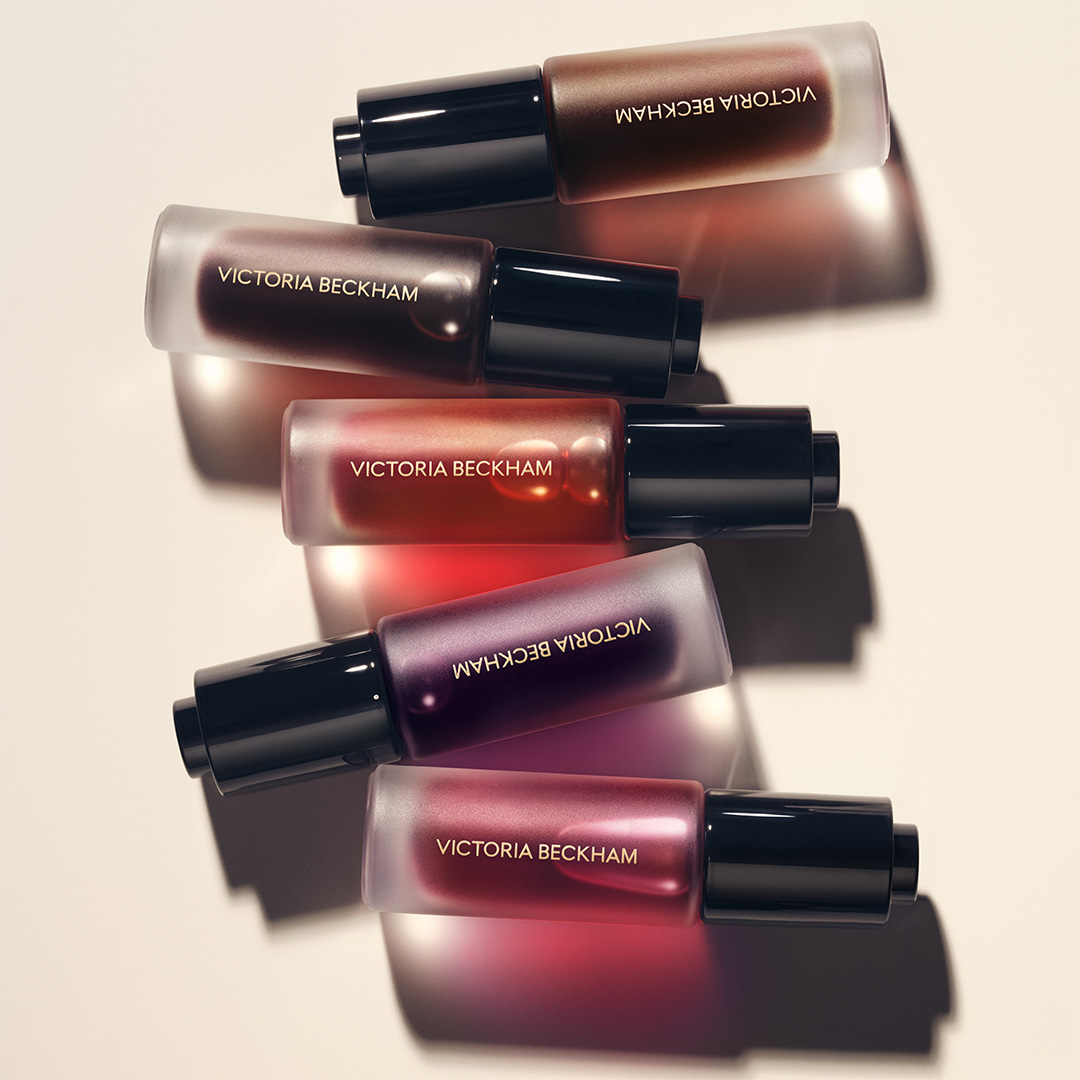 Victoria Beckham Beauty Colour Wash liquid blush and bronzer bottles in burgundy, rose, and bronze tones