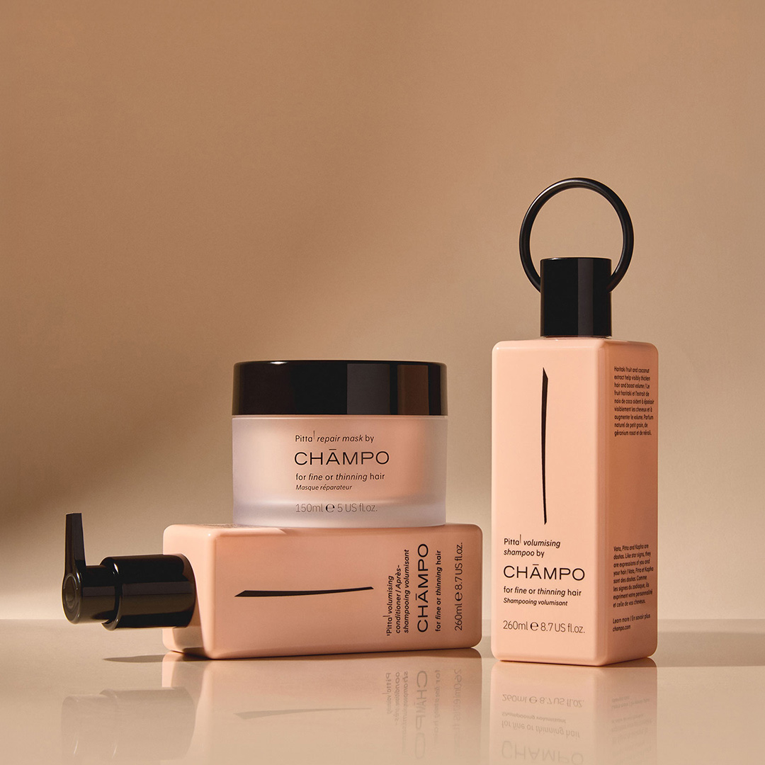 New Champo hair care routine with shampoo, conditioner, mask and styling products in beige packaging