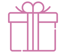 Outline of a pink gift box with a ribbon and bow on a black background.
