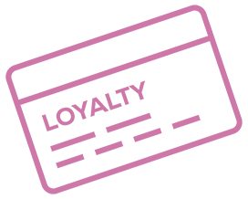 A stylised outline of a loyalty card in pink with the word 'LOYALTY' prominently displayed, set against a black background.